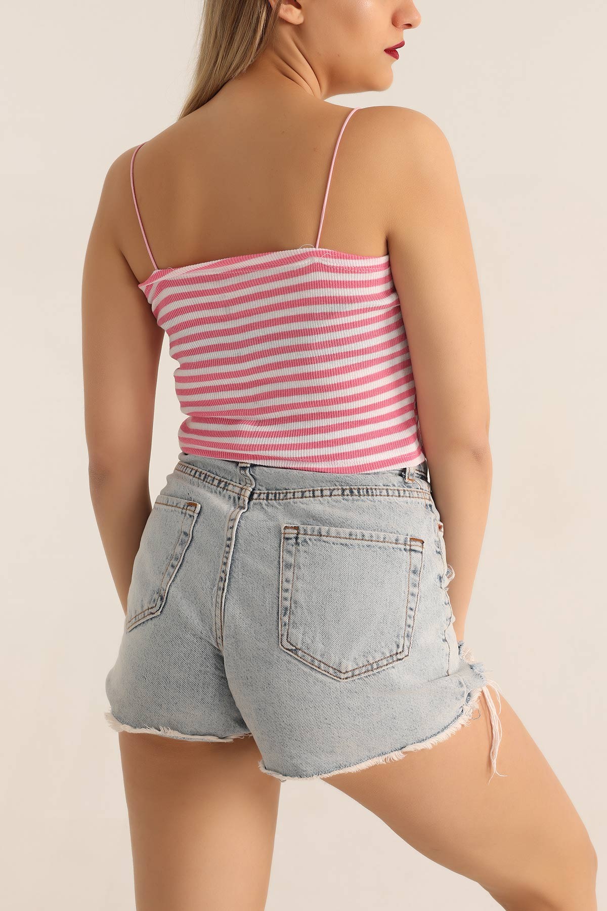 Pembe Çizgili Tasarım Crop Üst 178134
