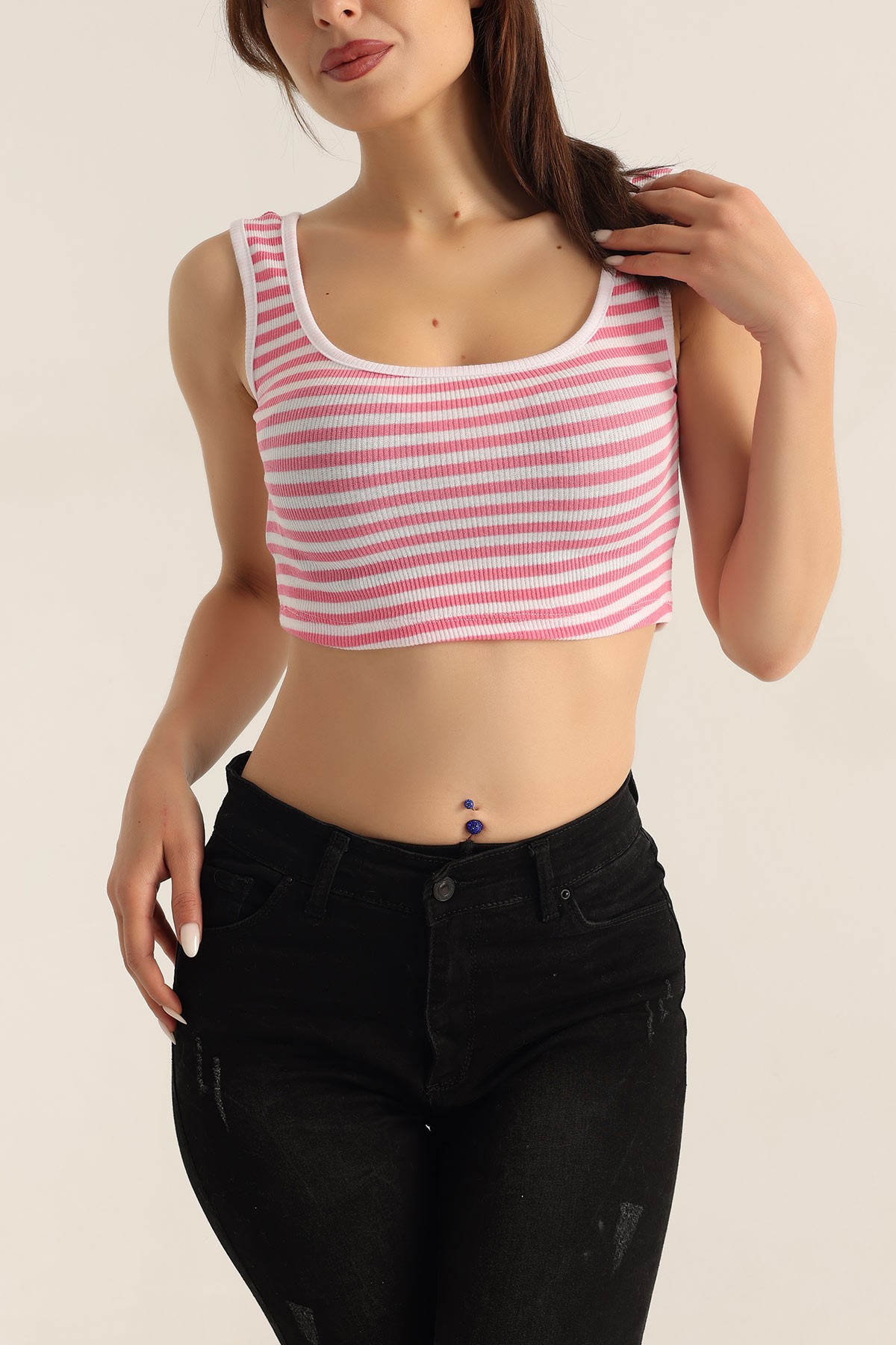 Pembe Çizgili Tasarım Crop Üst 178141