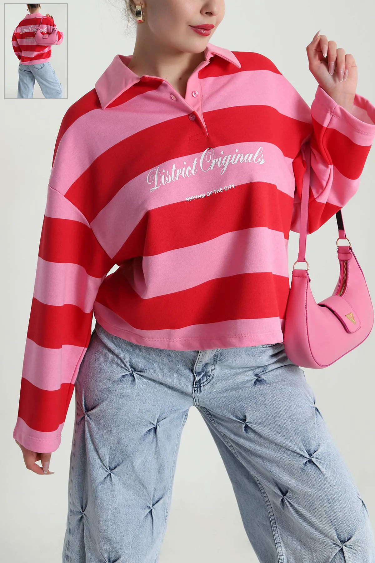 Pembe Çizgili Üç İp Kadın Sweat 491706