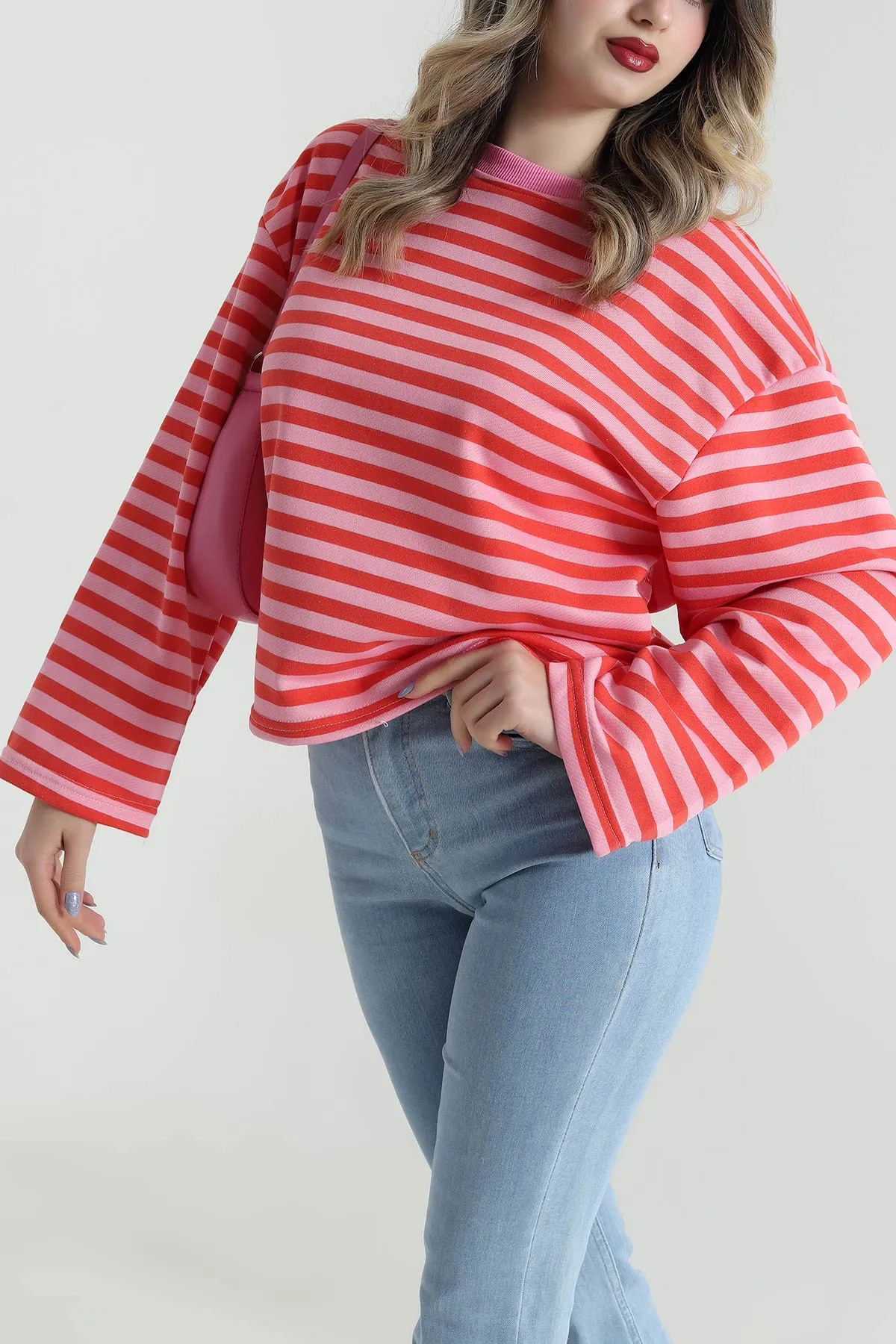 Pembe Çizgili Üç İp Kadın Sweat 495928