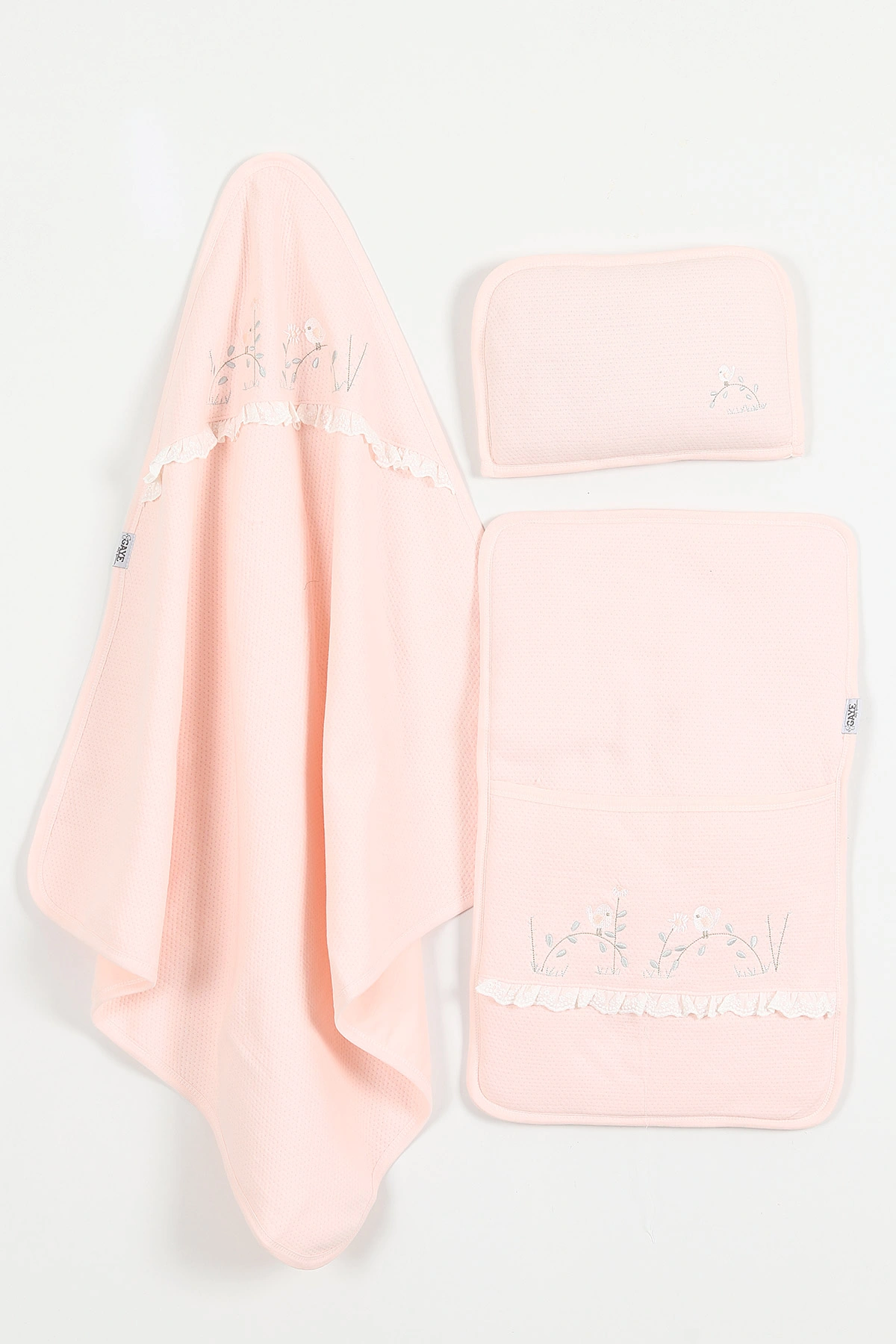 Pembe Dalda Kuş Nakışlı 3'lü Bebek Alt Açma Seti 424689