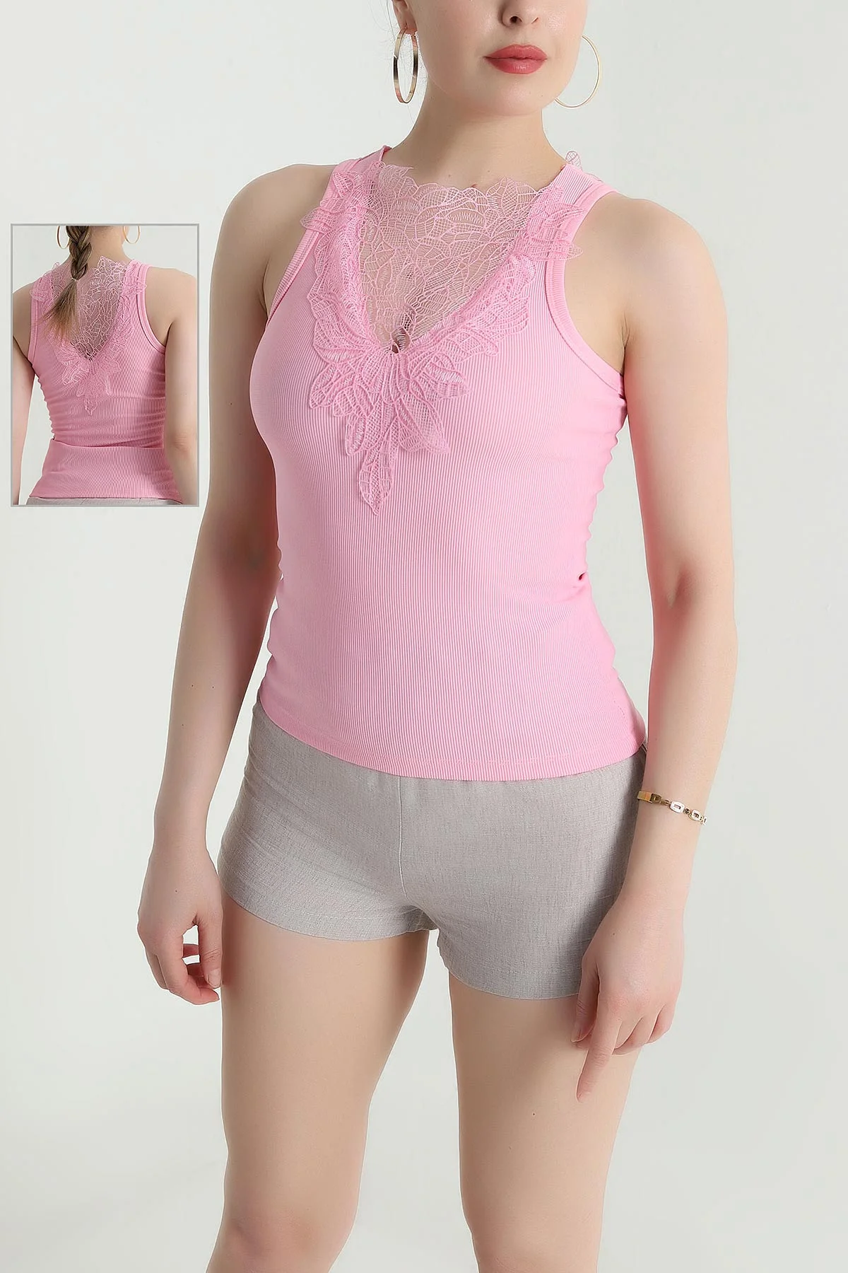 Pembe Dantel Detay Ottoman Kadın Bluz 466173