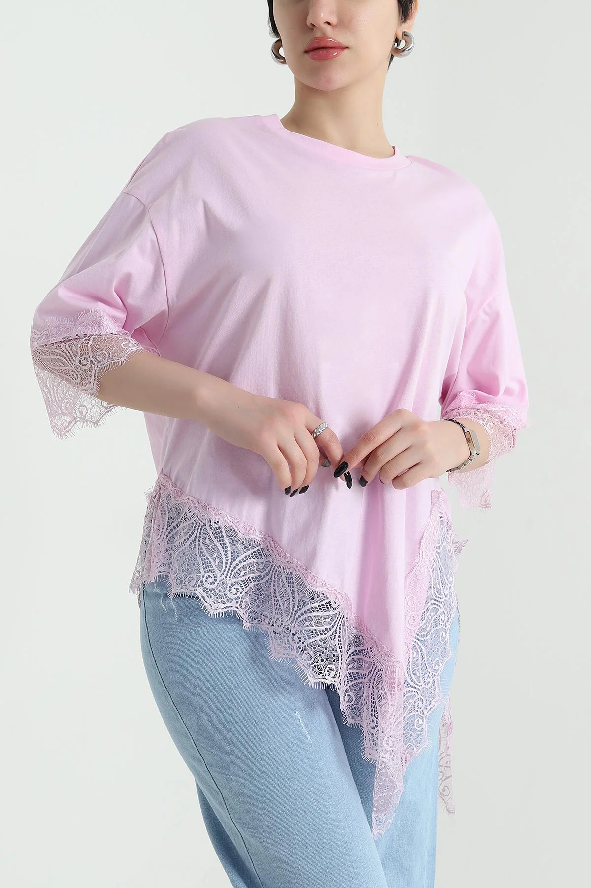 Pembe Dantel Detay Süprem Kadın Bluz 452551