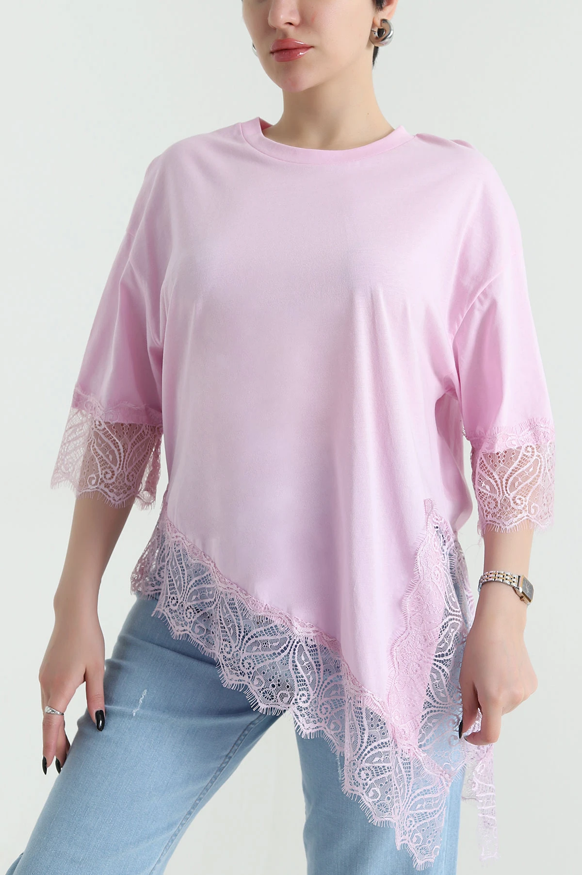 Pembe Dantel Detay Süprem Kadın Bluz 452551