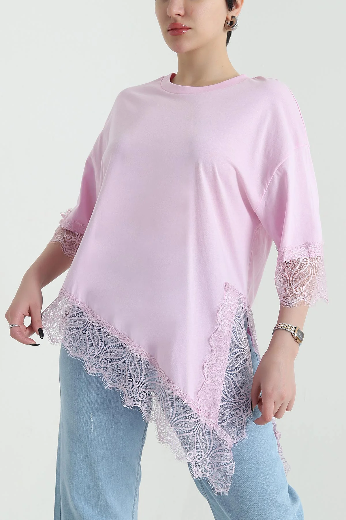 Pembe Dantel Detay Süprem Kadın Bluz 452551