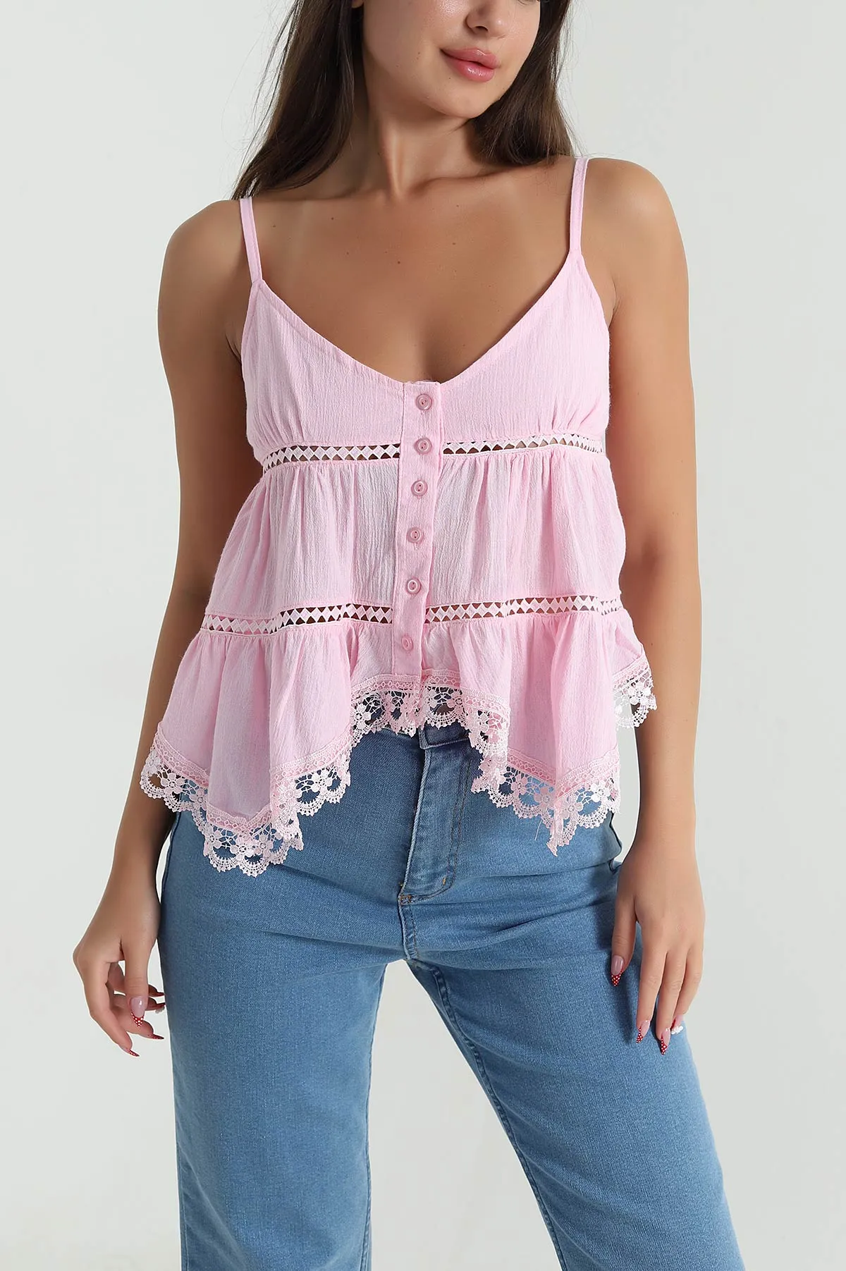 Pembe Dantel Düğmeli Keten Kadın Crop 471731
