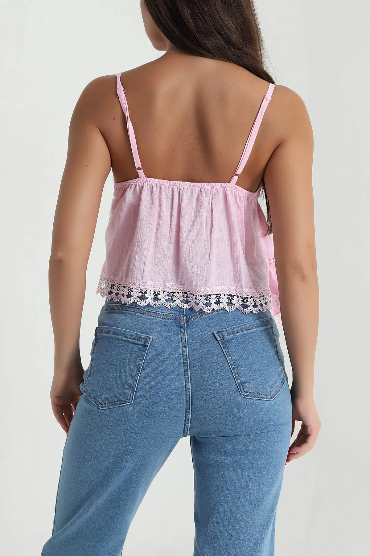 Pembe Dantel Düğmeli Keten Kadın Crop 471731