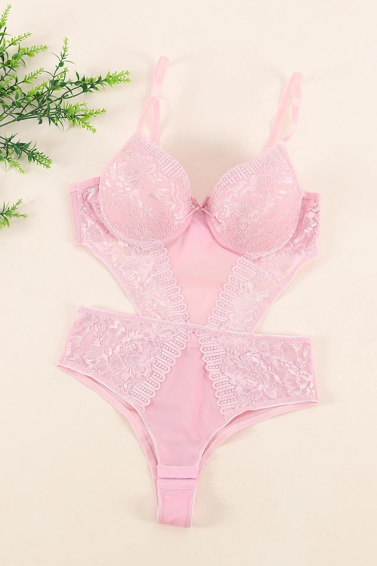 Pembe Dantel İşlemeli Desteksiz Bodysuit 374870