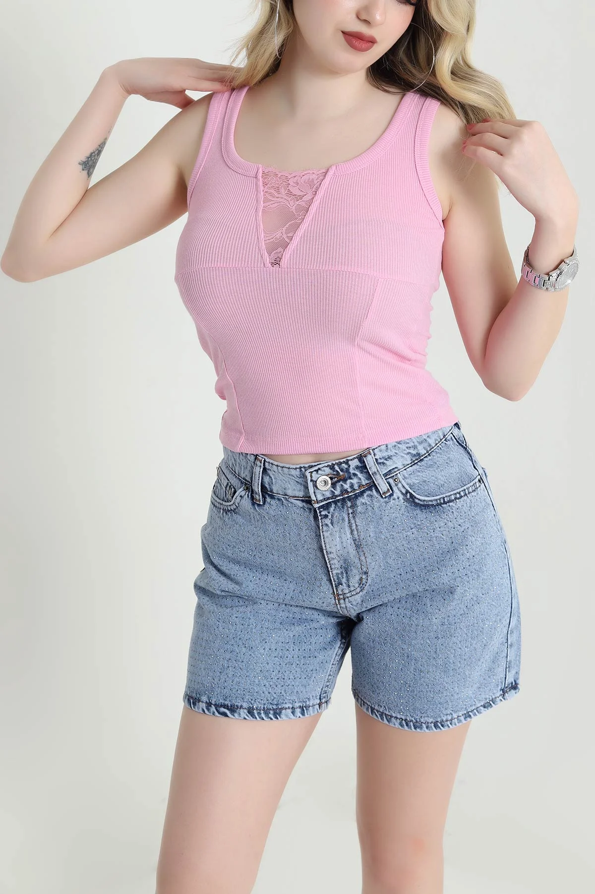 Pembe Dantelli Fitilli Kadın Bluz 456131
