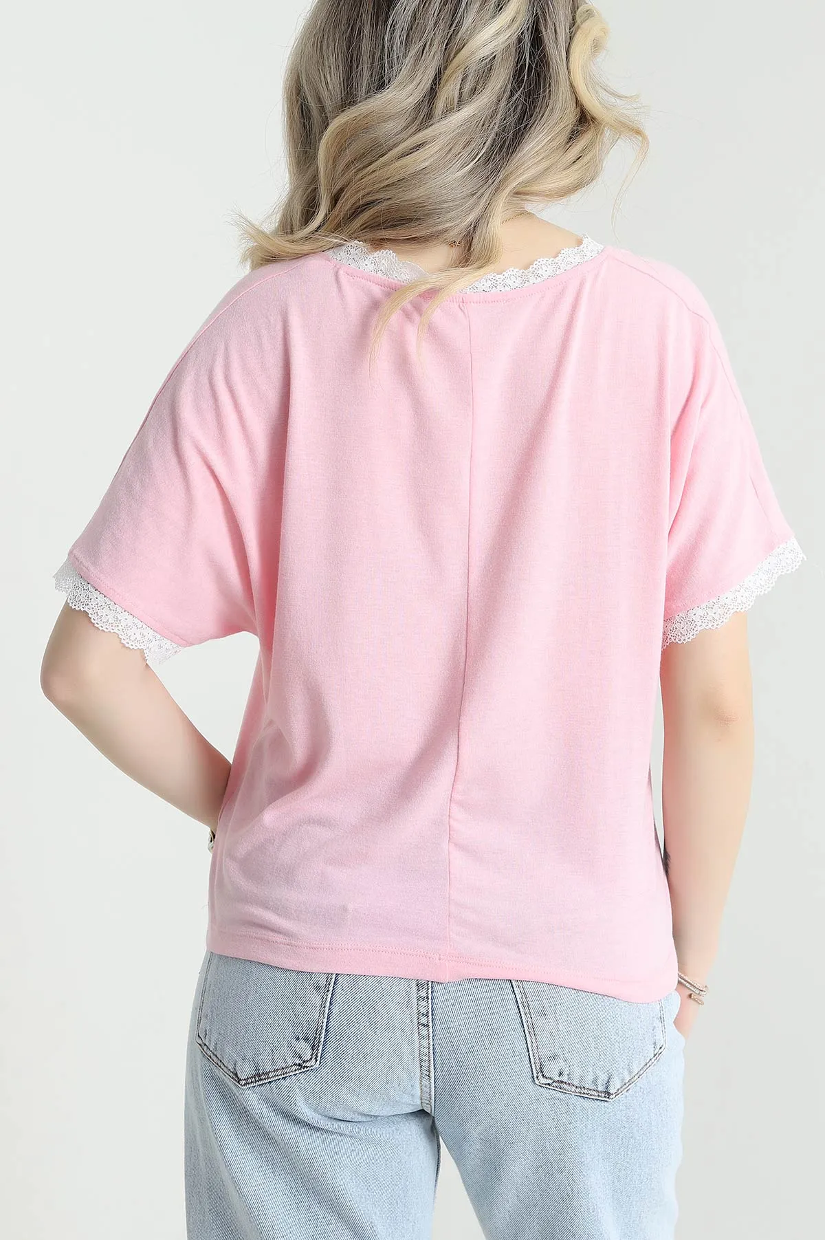 Pembe Dantelli Likralı Viskon Kadın Bluz 456249