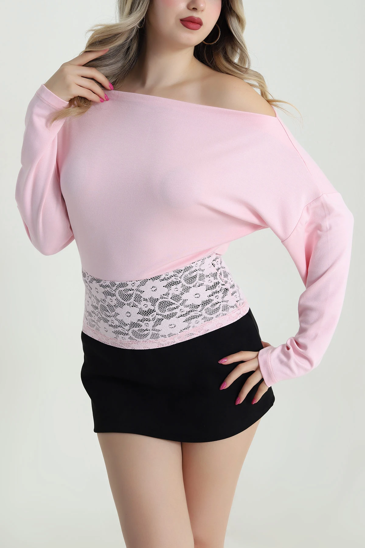 Pembe Dantelli Modal Kadın Bluz 483728
