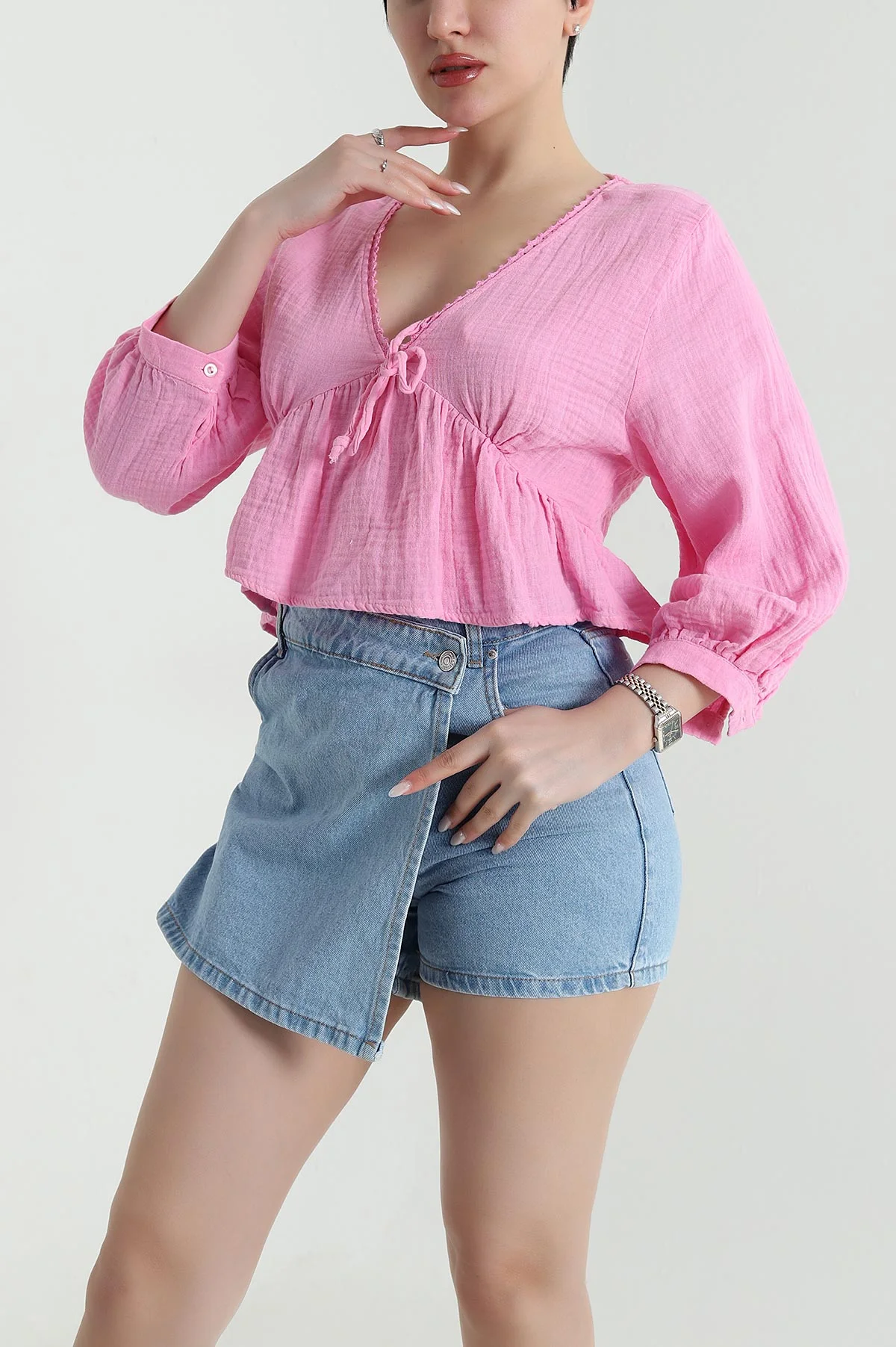 Pembe Dantelli Müslin Keten Kadın Bluz 449016