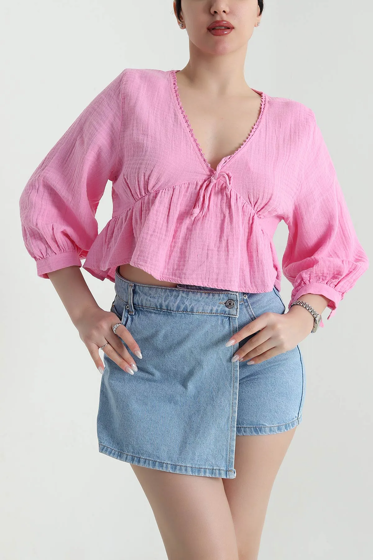 Pembe Dantelli Müslin Keten Kadın Bluz 449016