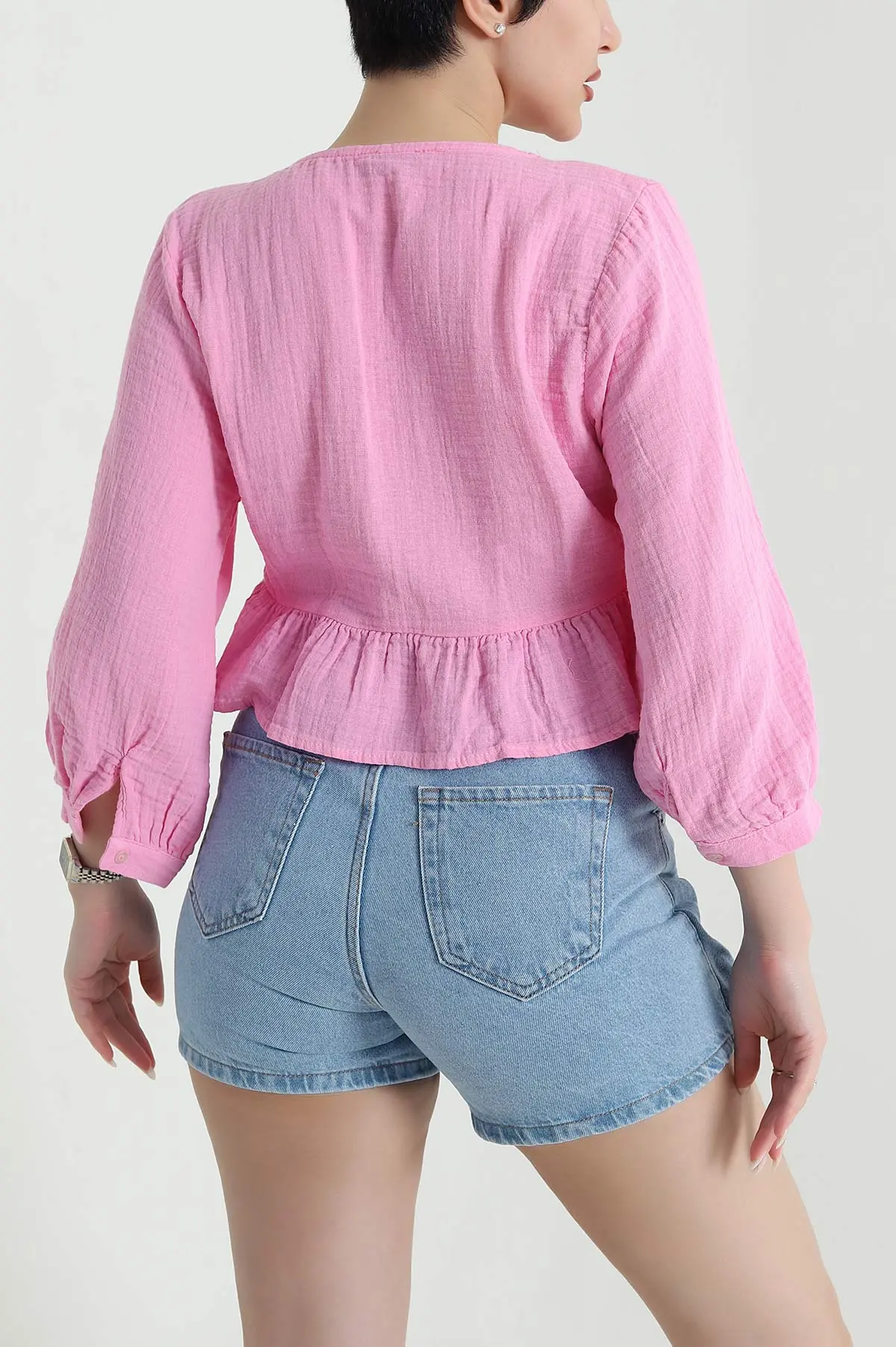 Pembe Dantelli Müslin Keten Kadın Bluz 449016