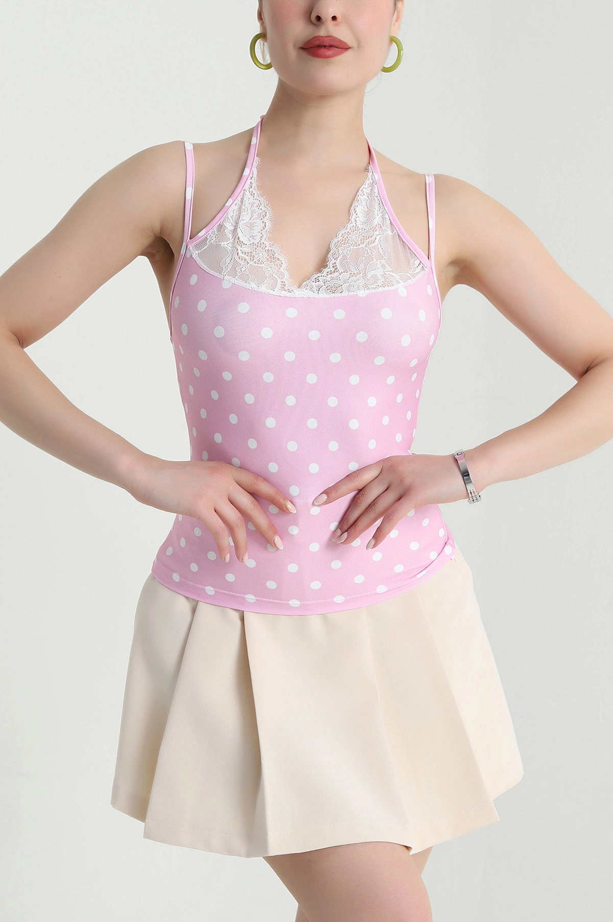 Pembe Dantelli Puantiyeli Scuba Kadın Bluz 471643