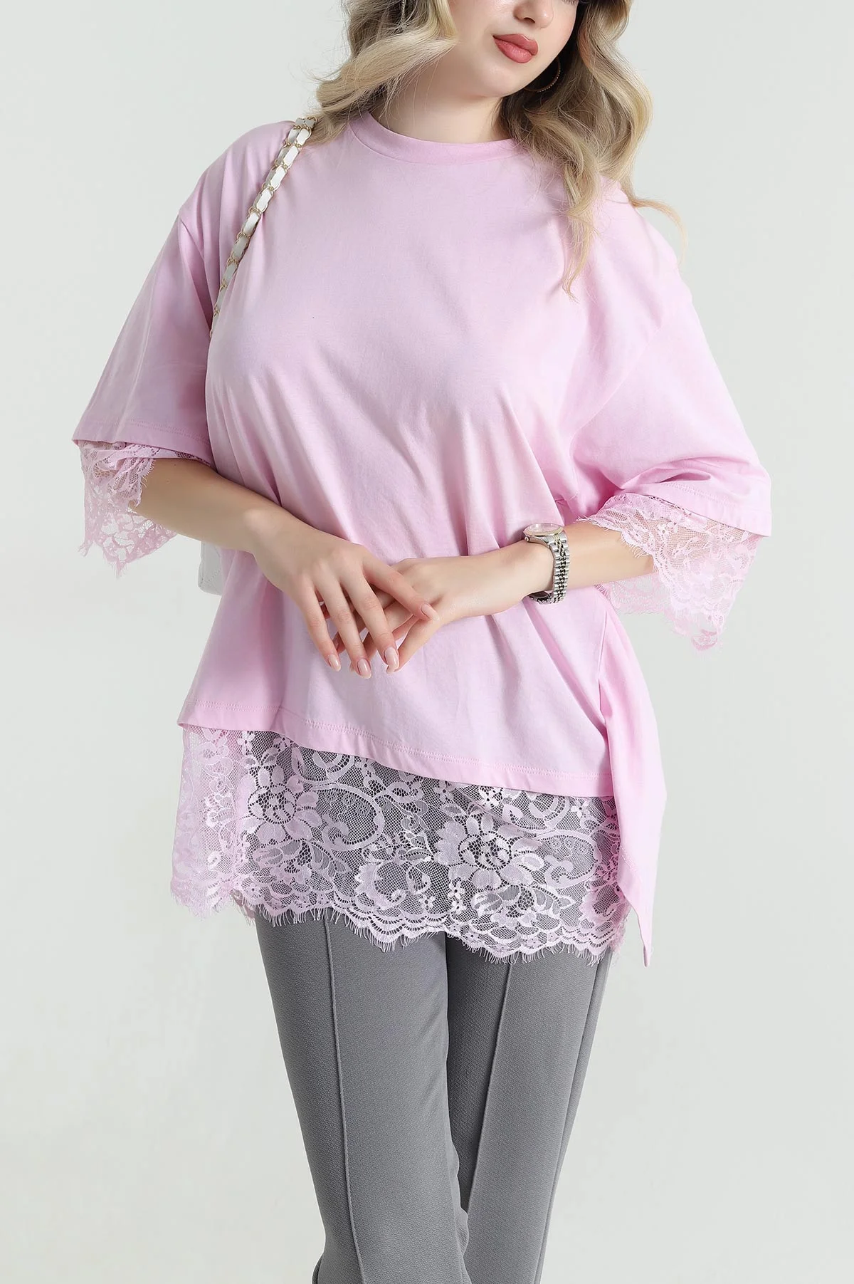 Pembe Dantelli Sırt Detay Süprem Kadın Bluz 465309