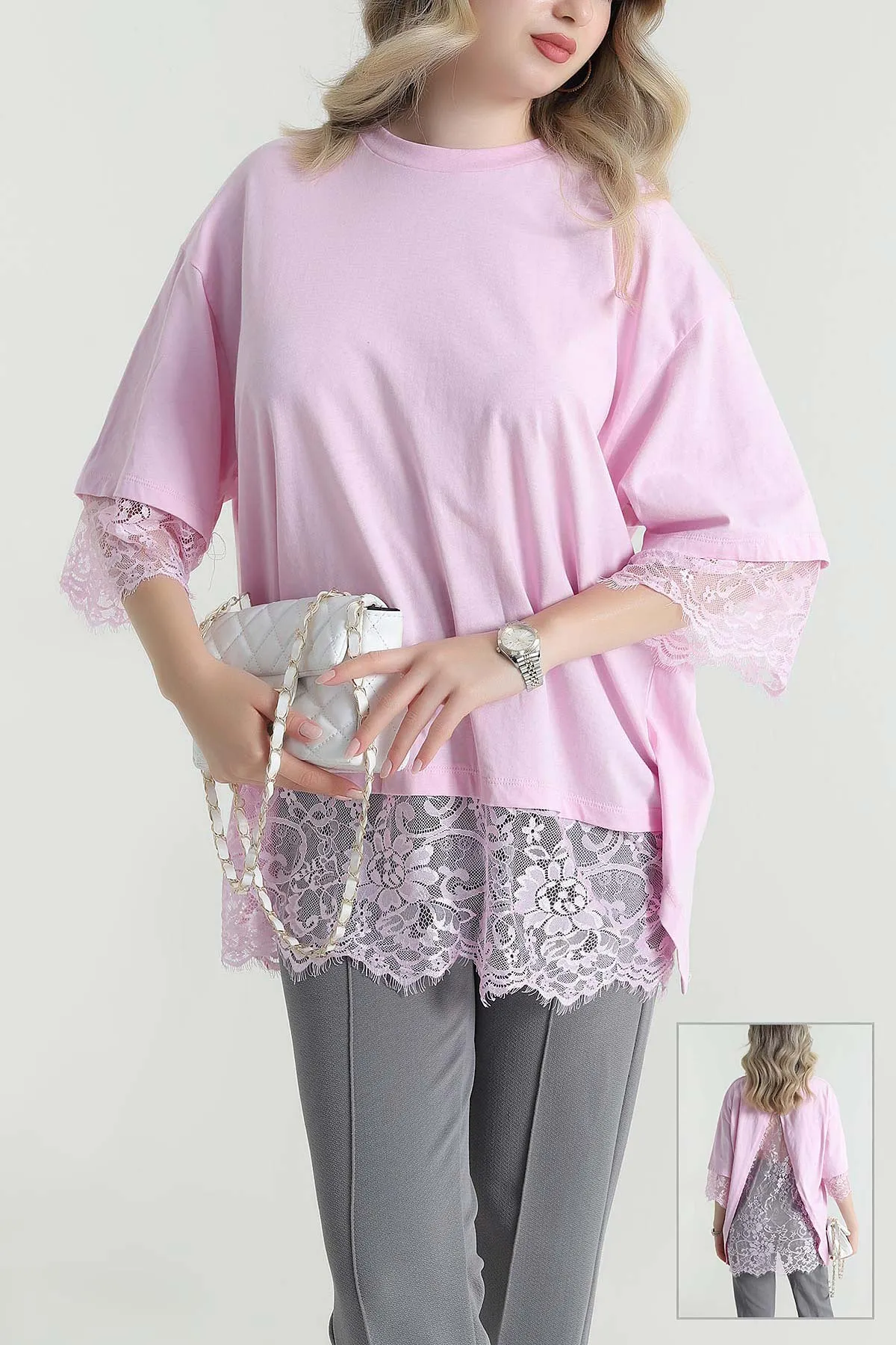 Pembe Dantelli Sırt Detay Süprem Kadın Bluz 465309