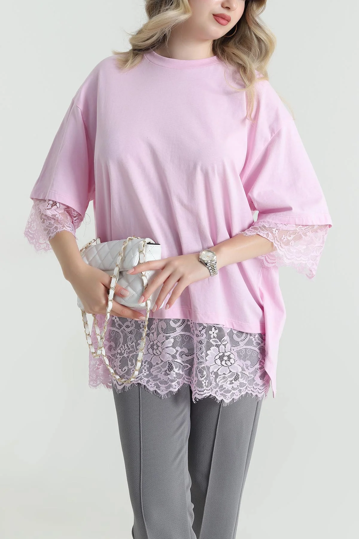 Pembe Dantelli Sırt Detay Süprem Kadın Bluz 465309