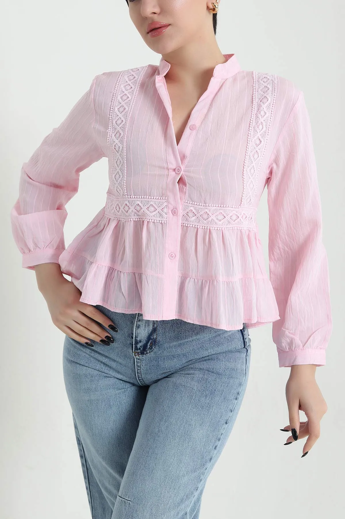 Pembe Dantelli Tencel Kadın Gömlek 455175