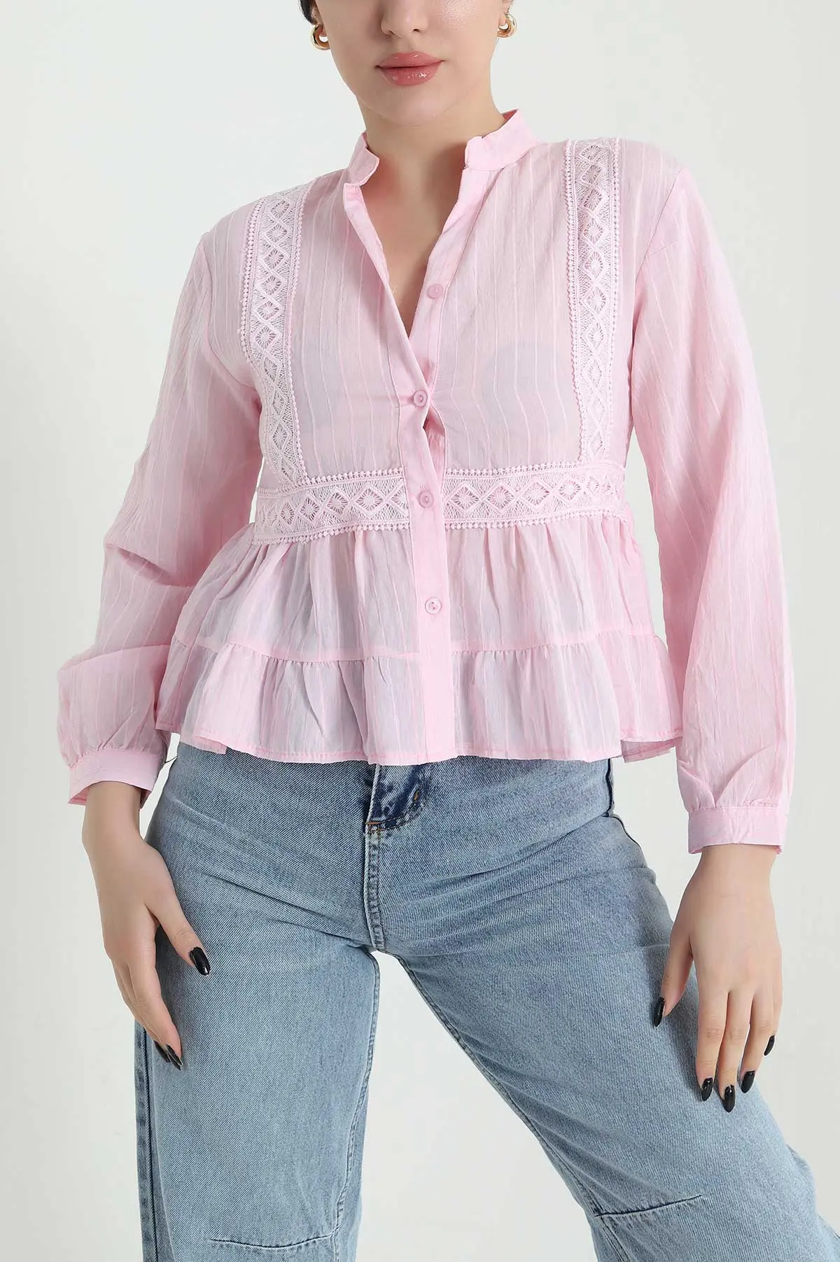 Pembe Dantelli Tencel Kadın Gömlek 455175