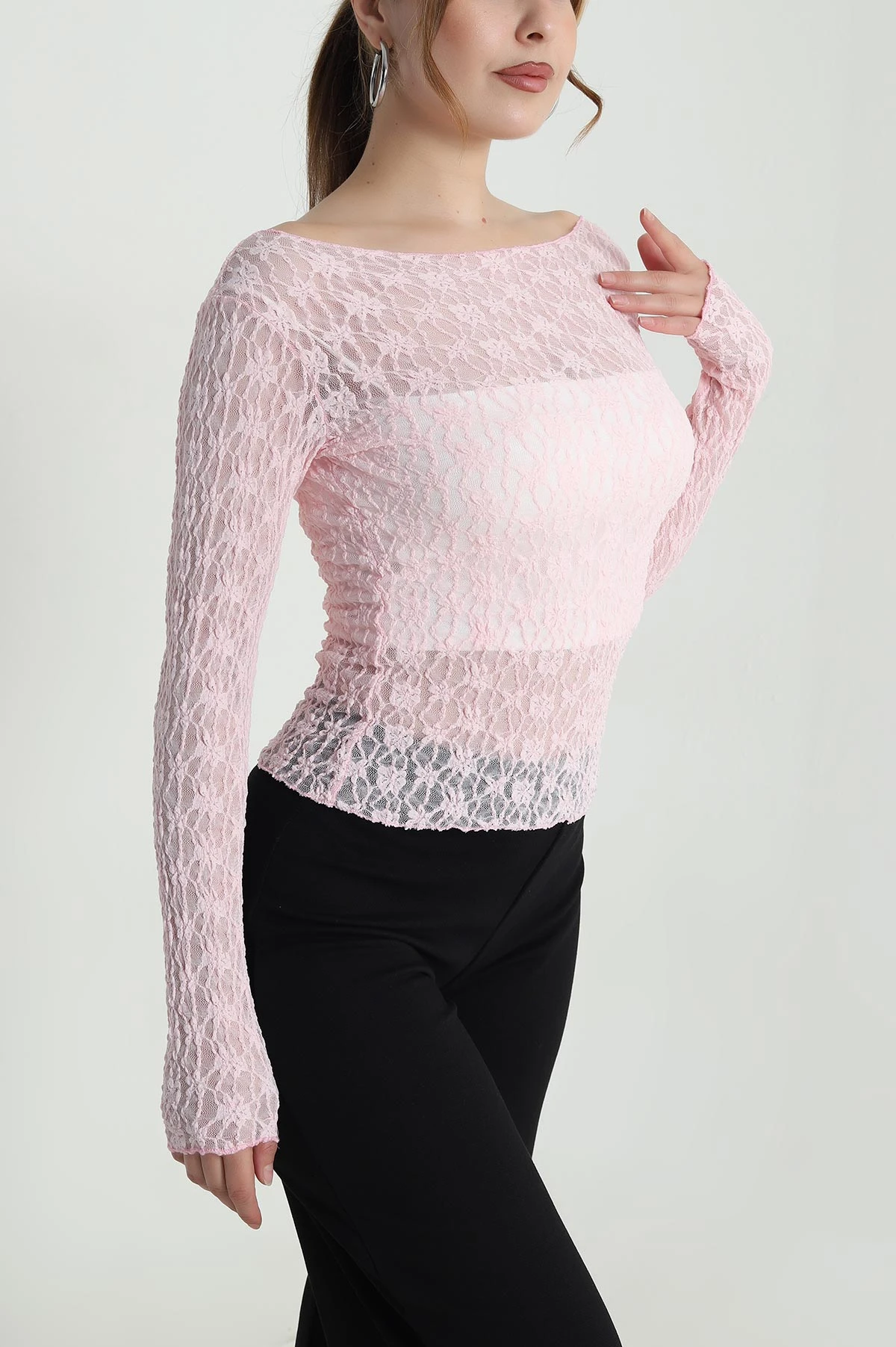 Pembe Dantelli Tül Kadın Bluz 483738