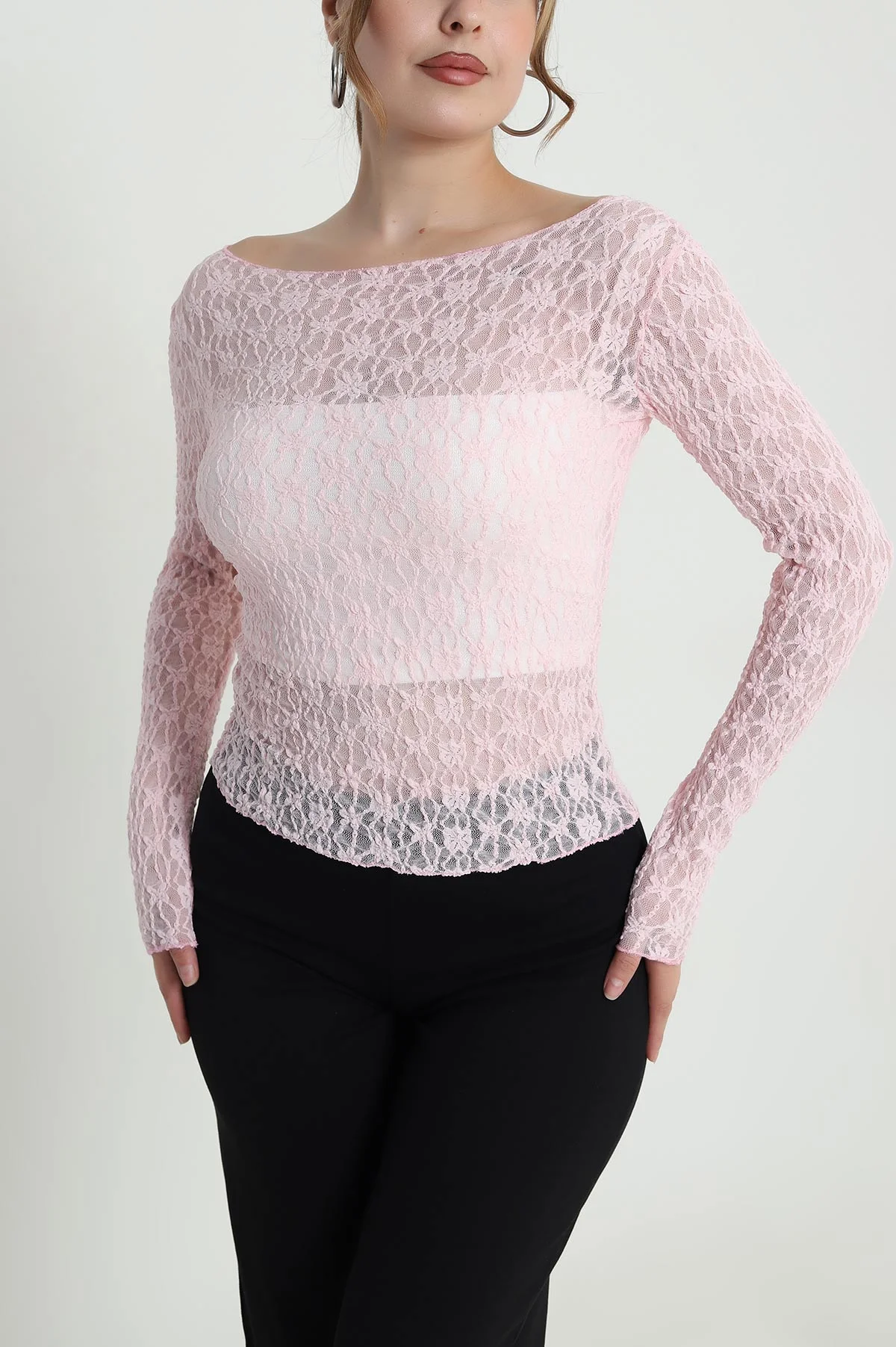 Pembe Dantelli Tül Kadın Bluz 483738