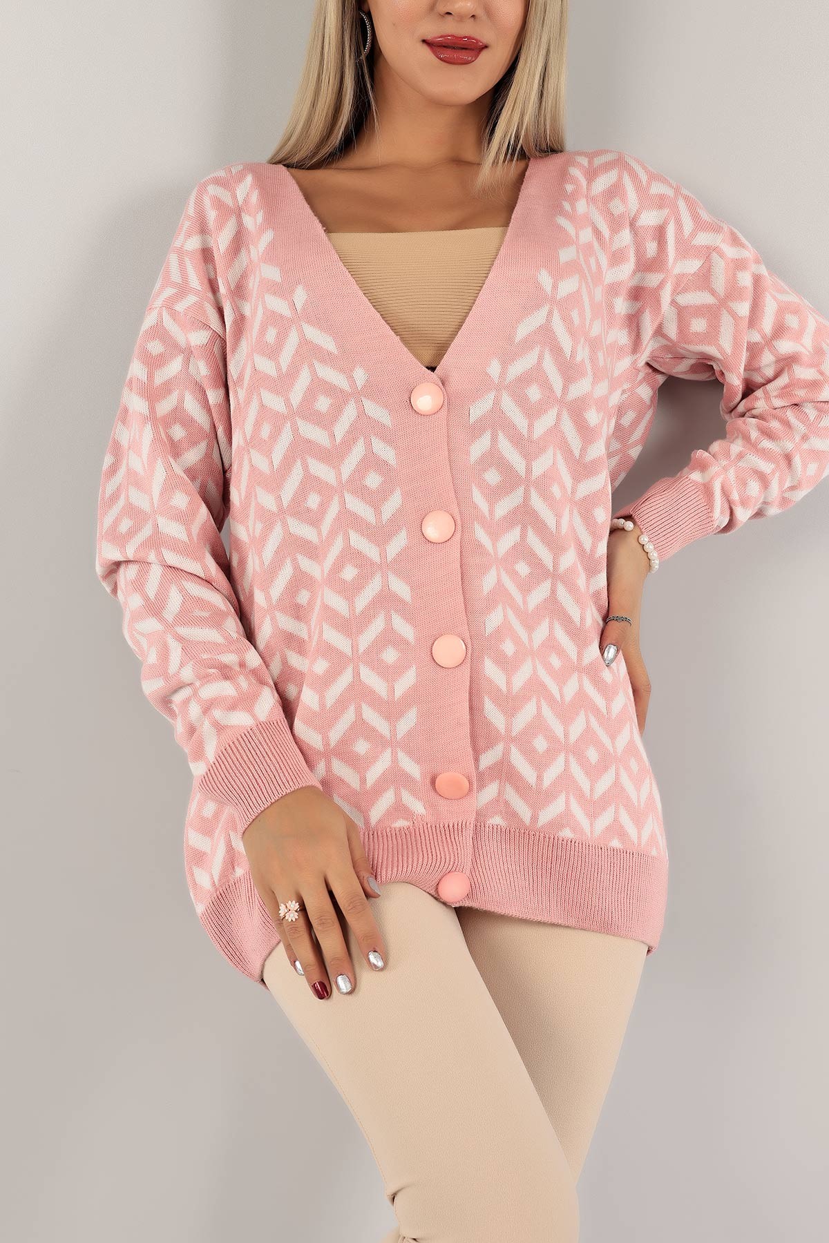Pembe Desenli Bayan Triko Hırka 133355