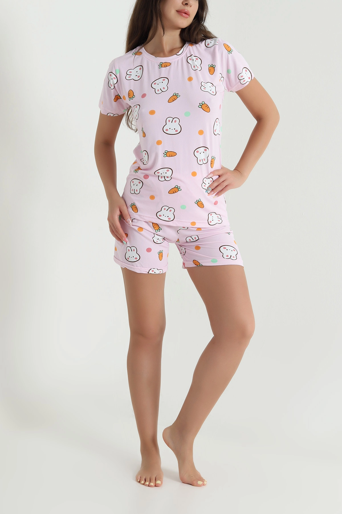 Pembe Desenli Kadın Şortlu Pijama Takımı 466463
