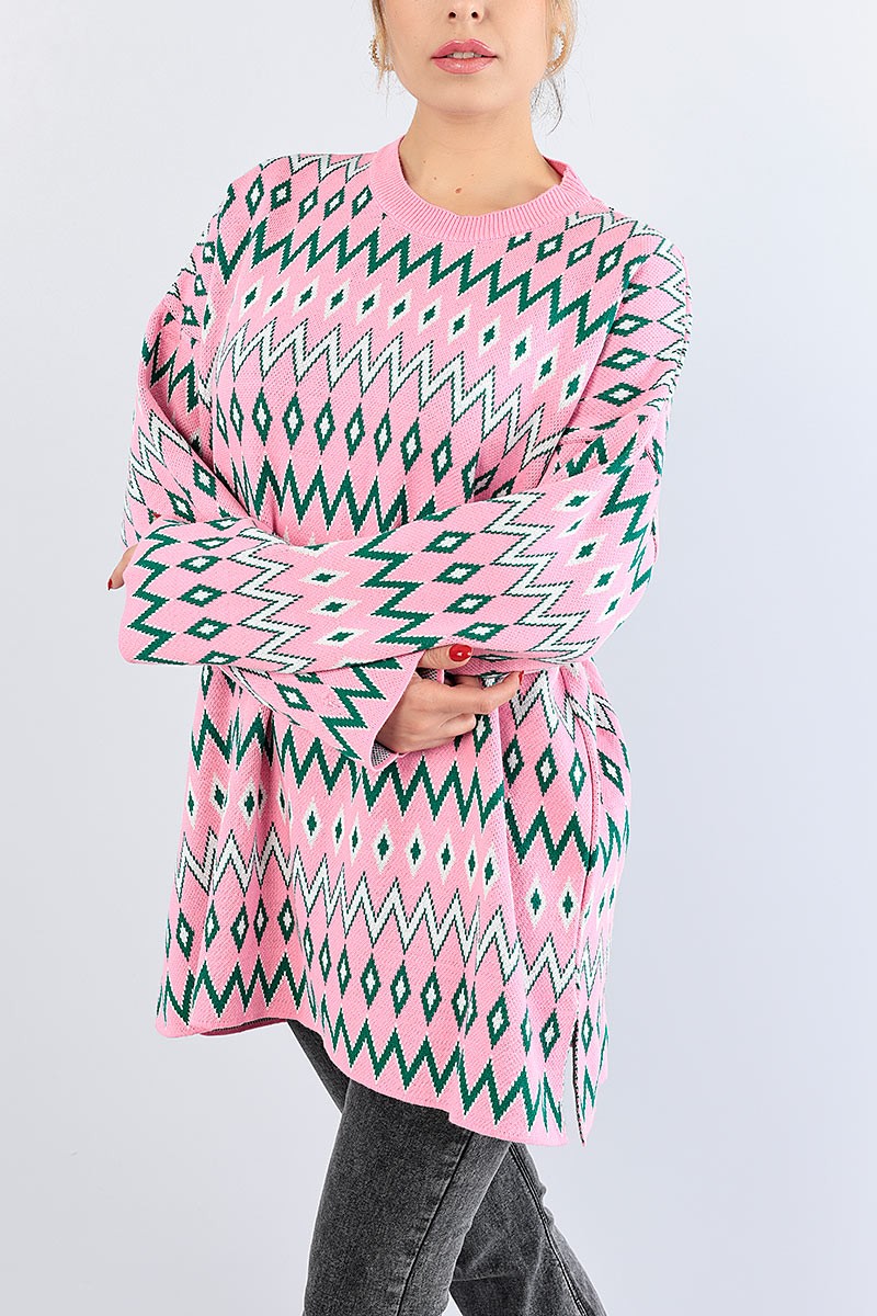 Pembe Desenli Kalın Triko Kazak Tunik 77915