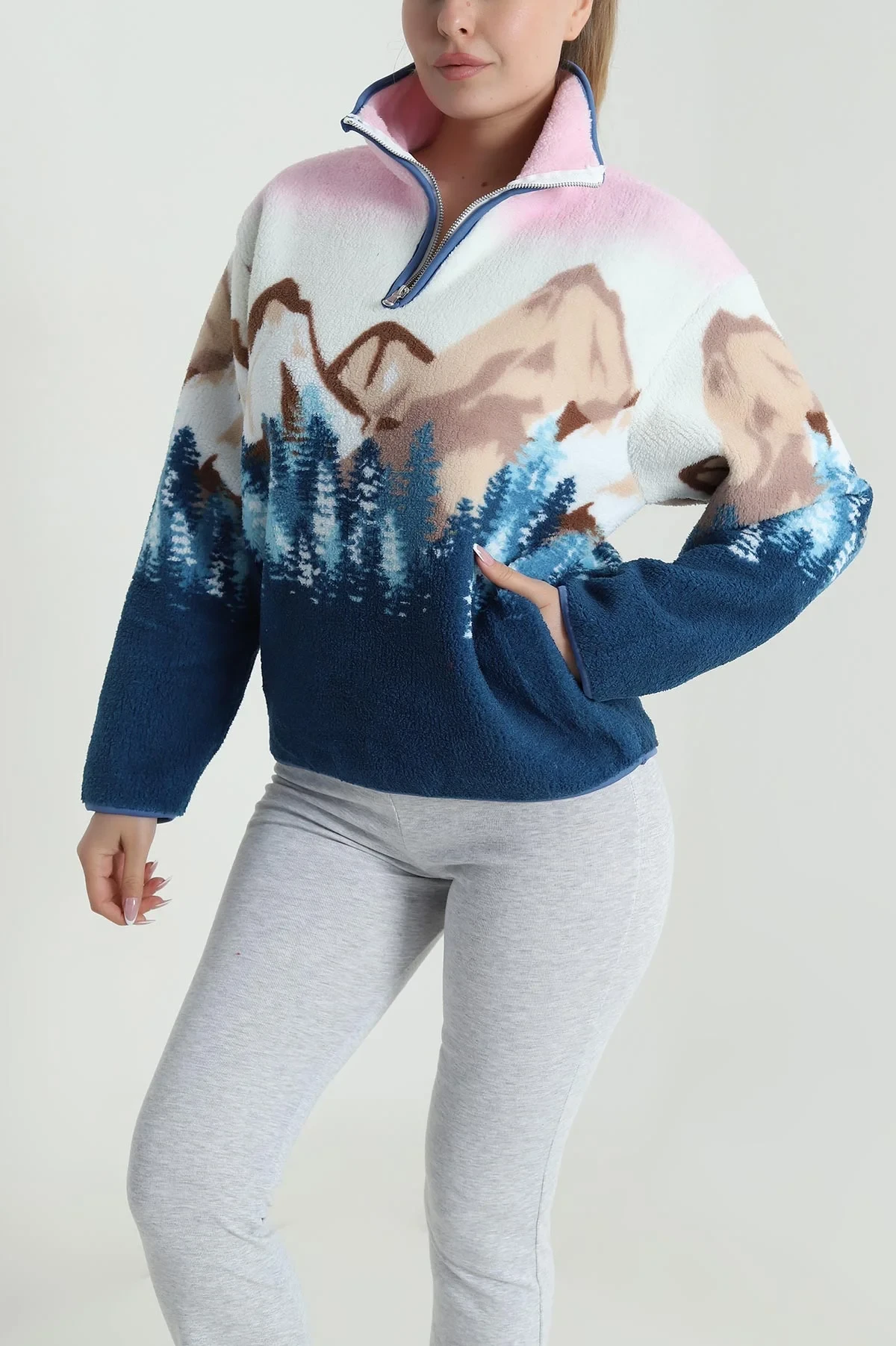Pembe Desenli Teddy Kadın Sweat 485143