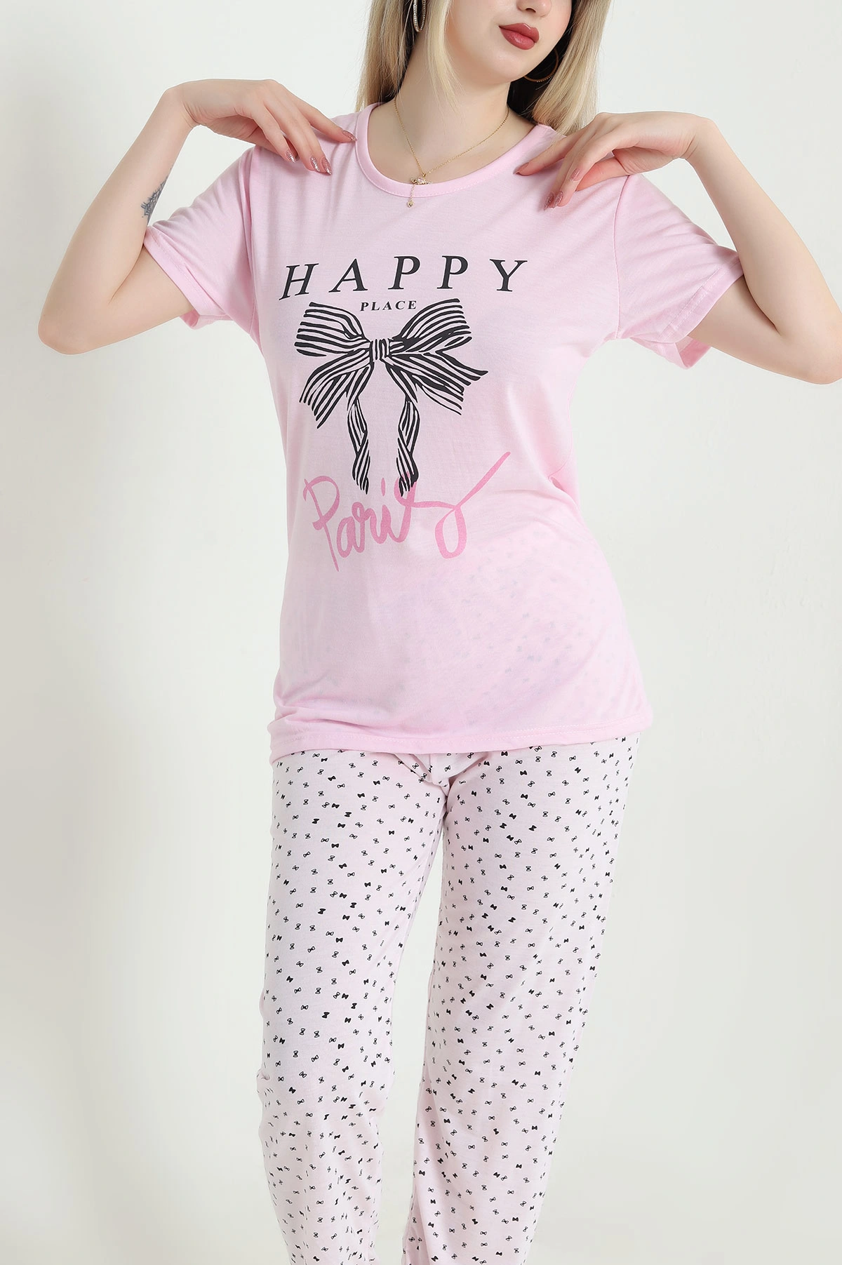 Pembe Desenli Viskon Kadın Pijama Takımı 466619