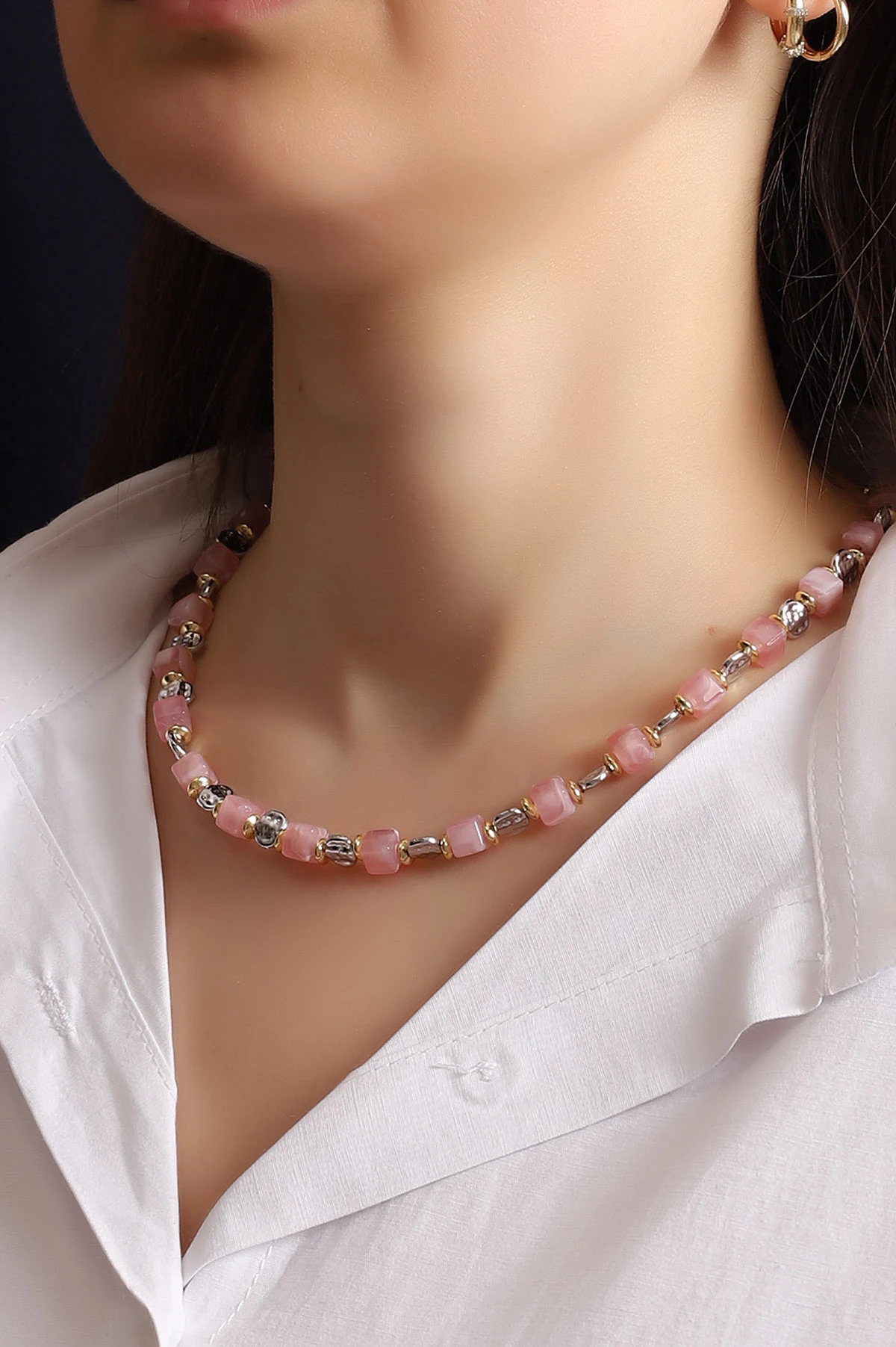 Pembe Doğal Kare Taşlı Kolye 354568