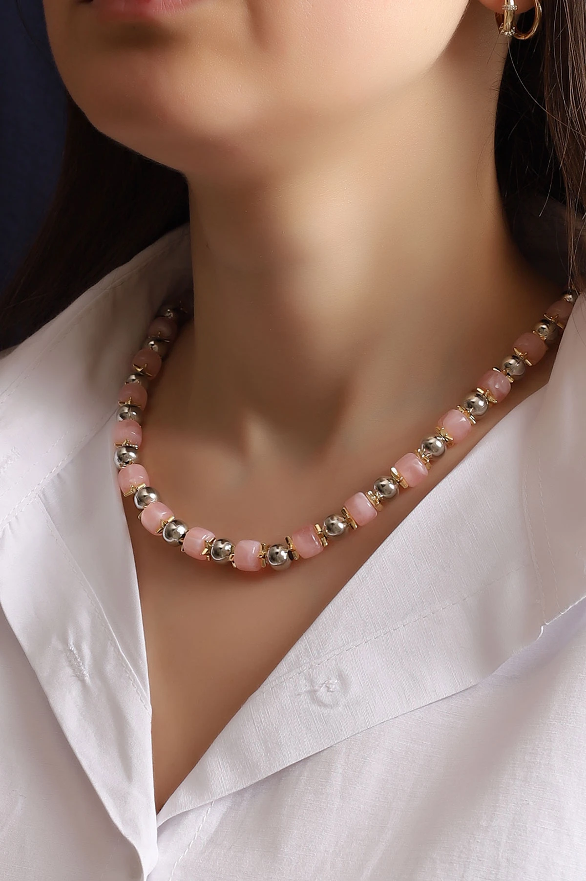 Pembe Doğal Oval Taşlı Kolye 354572