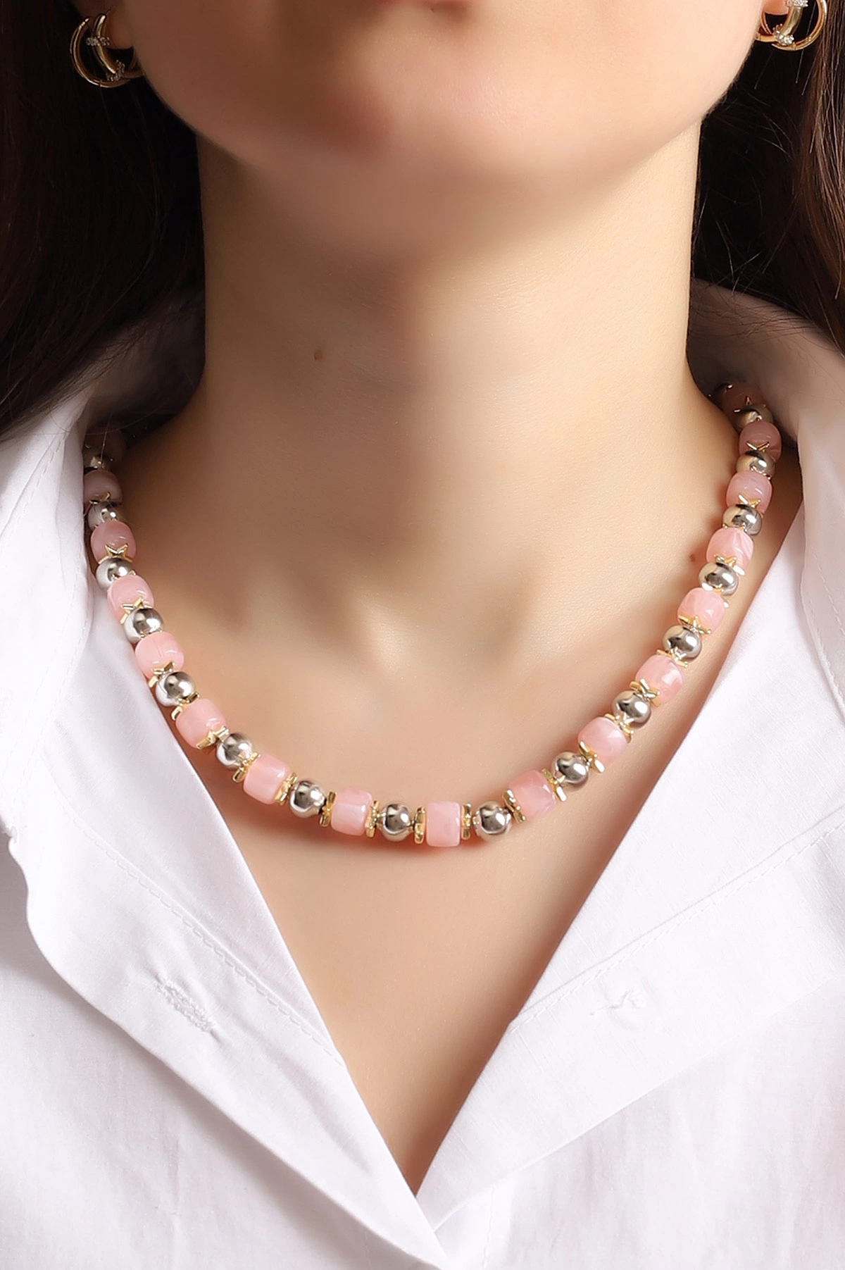 Pembe Doğal Oval Taşlı Kolye 354572