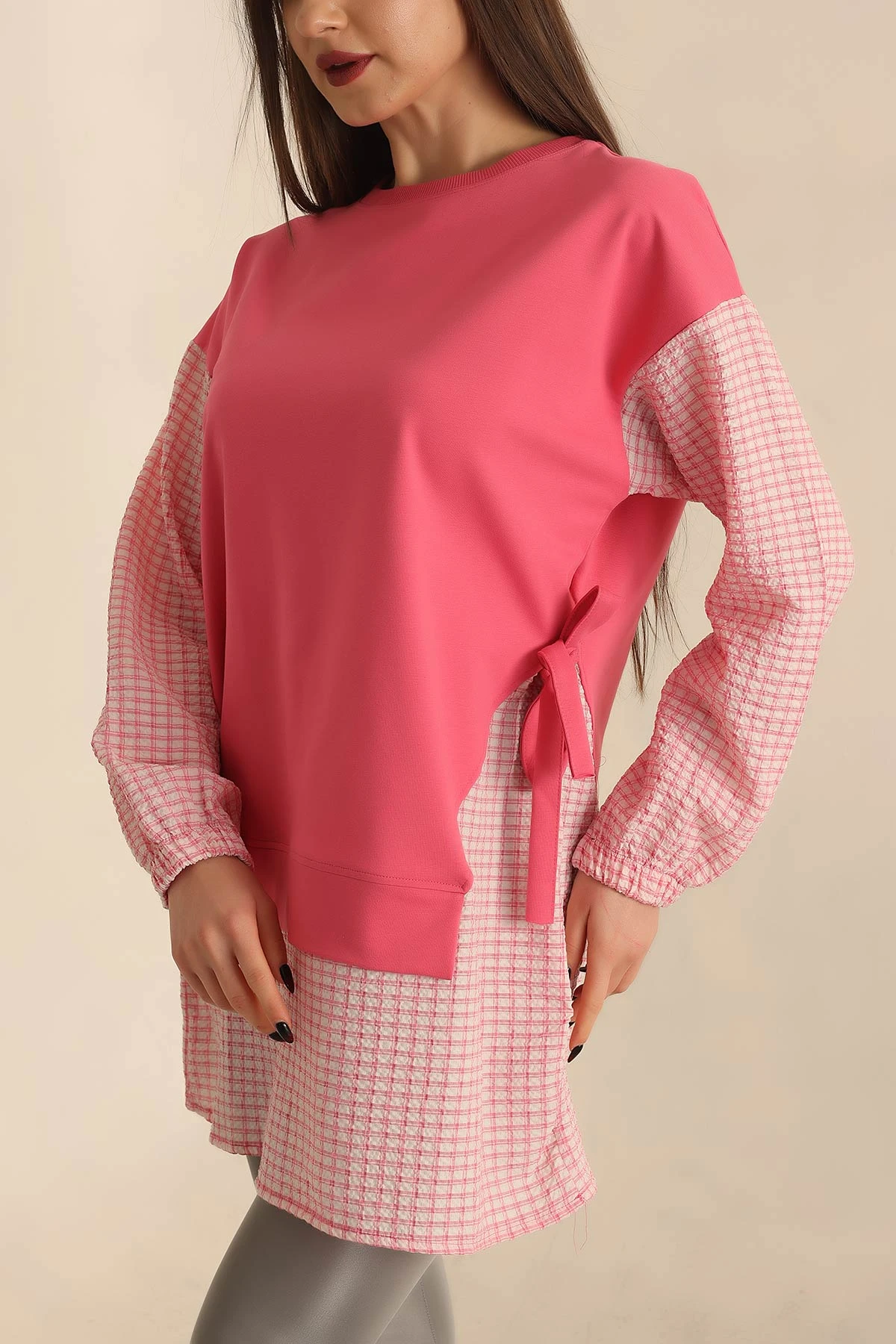 Pembe Dokuma Kol Garnili İki İp Tunik 245349