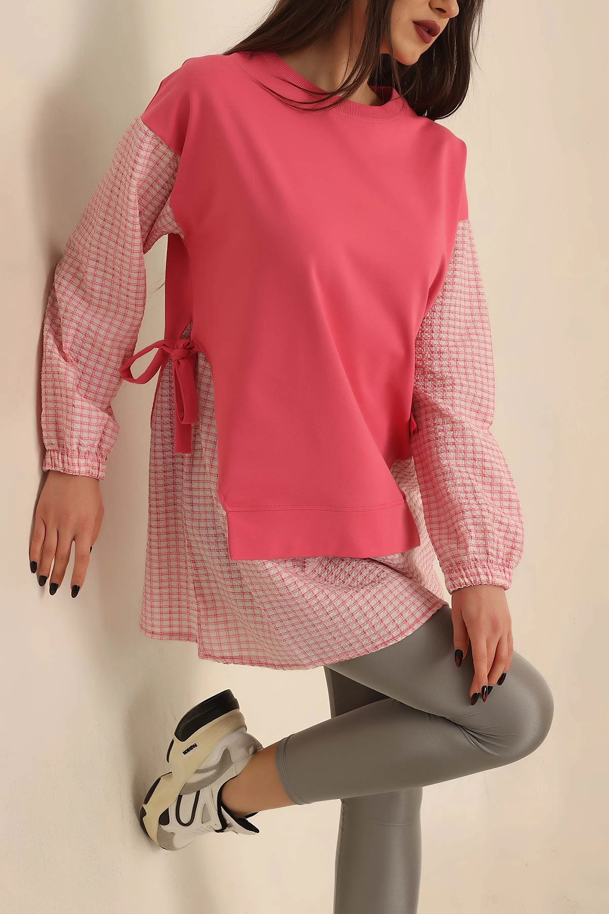 Pembe Dokuma Kol Garnili İki İp Tunik 245349