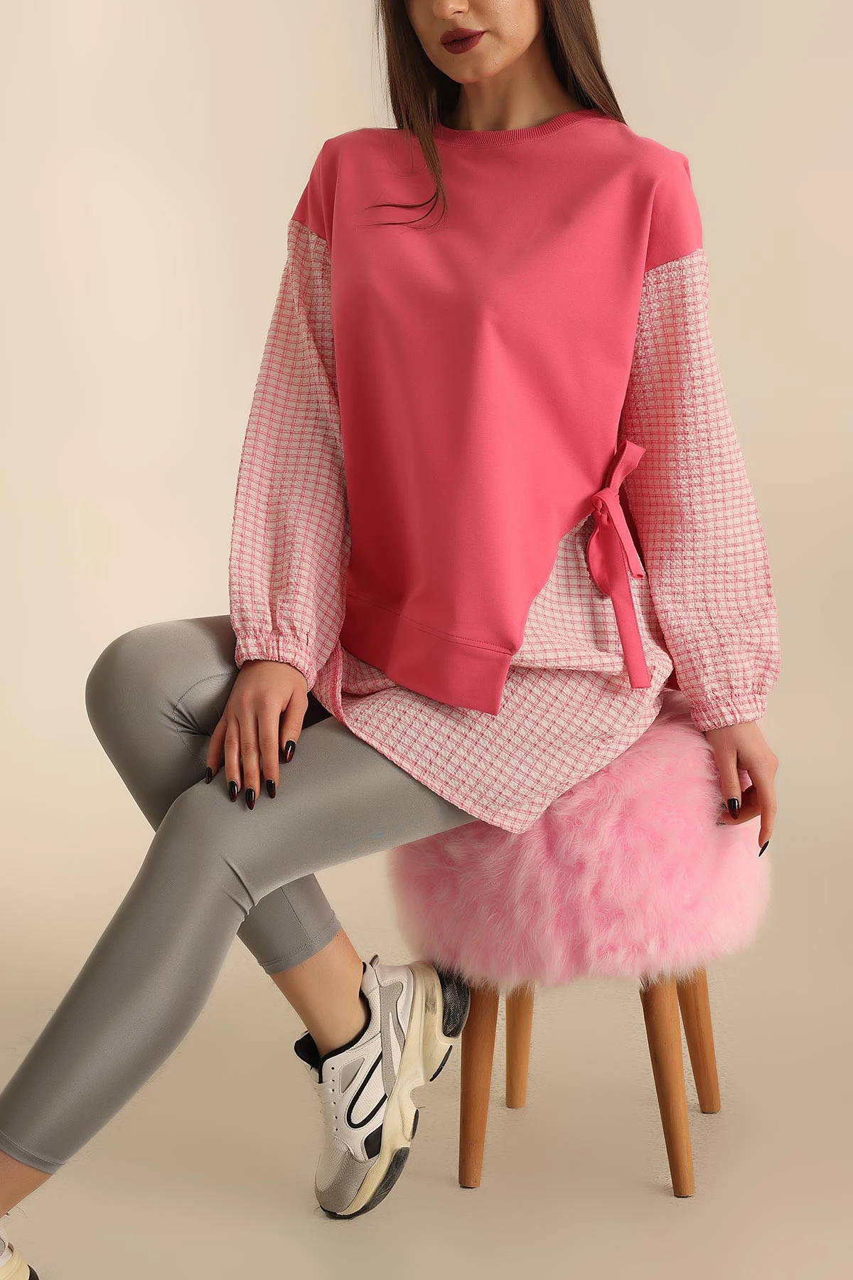 Pembe Dokuma Kol Garnili İki İp Tunik 245349