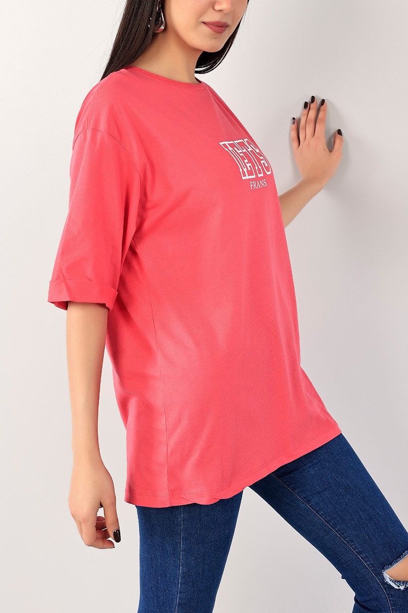 Pembe Duble Kol Baskılı Bayan Tişört 100132