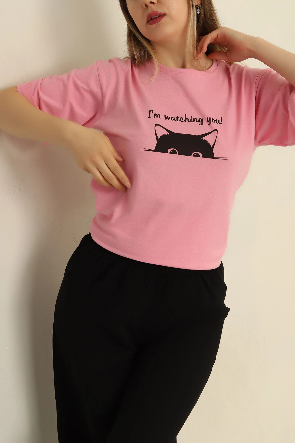 Pembe Duble Kol Baskılı Bayan Tişört 266408