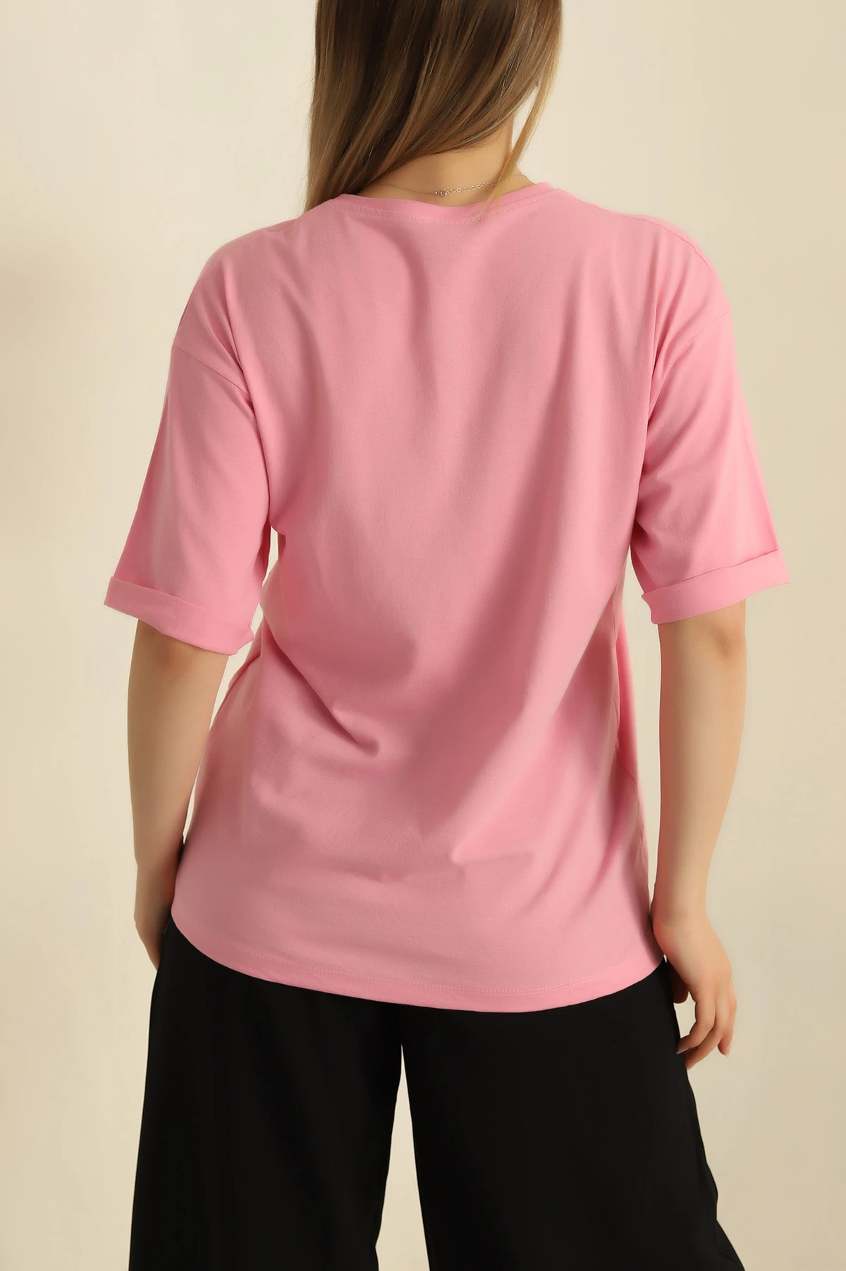 Pembe Duble Kol Baskılı Bayan Tişört 266408