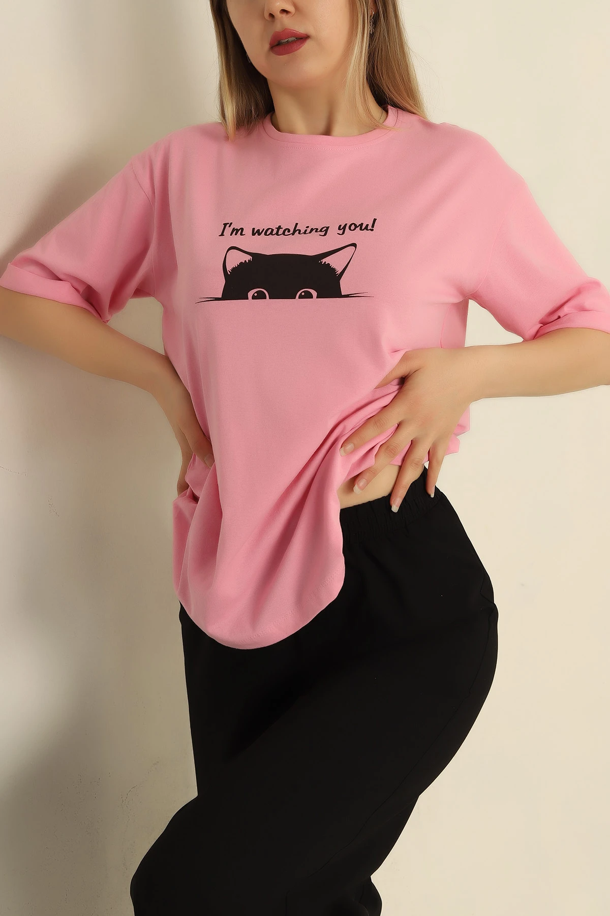 Pembe Duble Kol Baskılı Bayan Tişört 266408