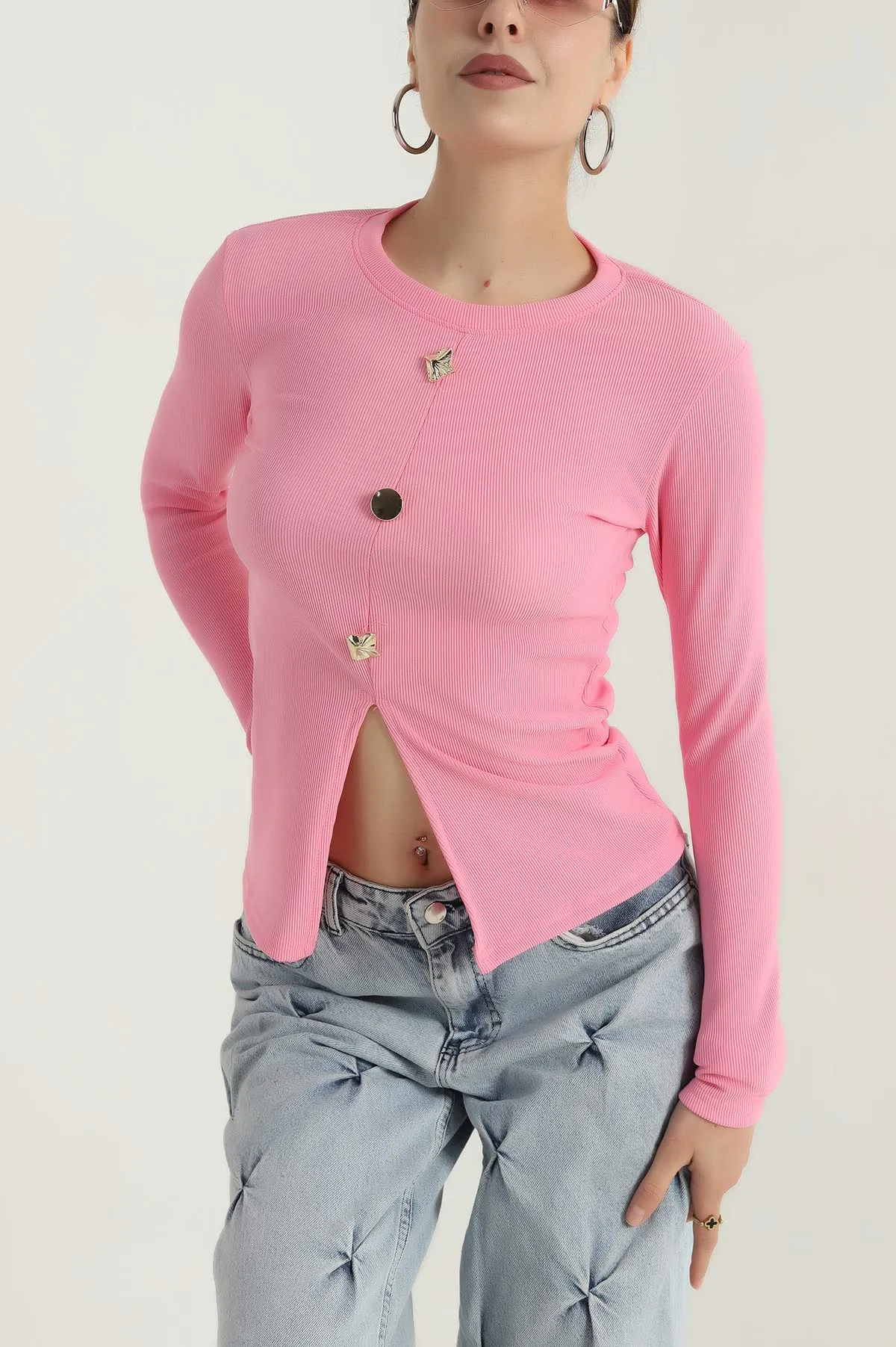 Pembe Düğme Detay Ottoman Kadın Bluz 389608