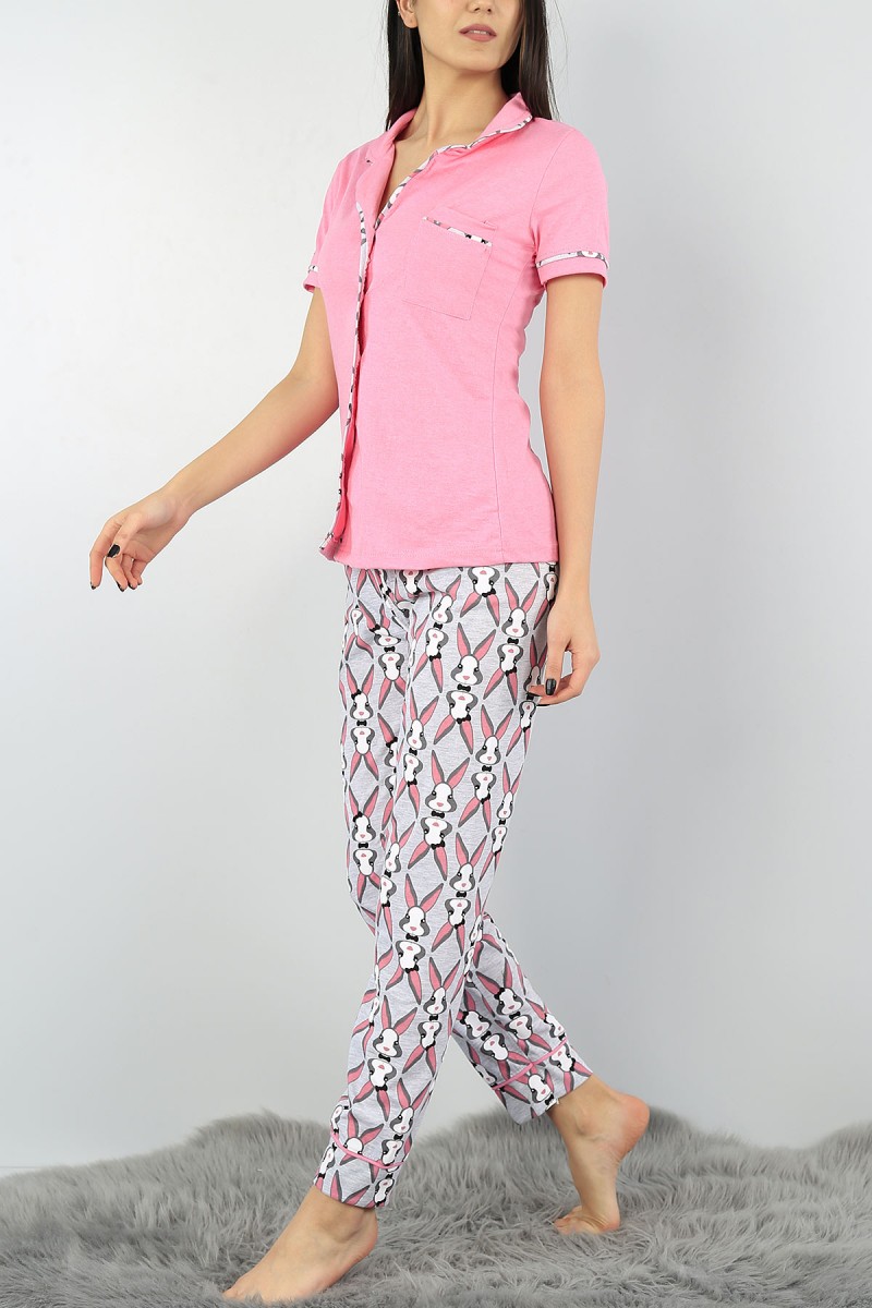 Pembe Düğmeli Baskılı Bayan Pijama Takımı 57432
