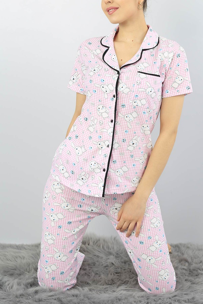 Pembe Düğmeli Bayan  Baskılı Pijama Takımı 54960