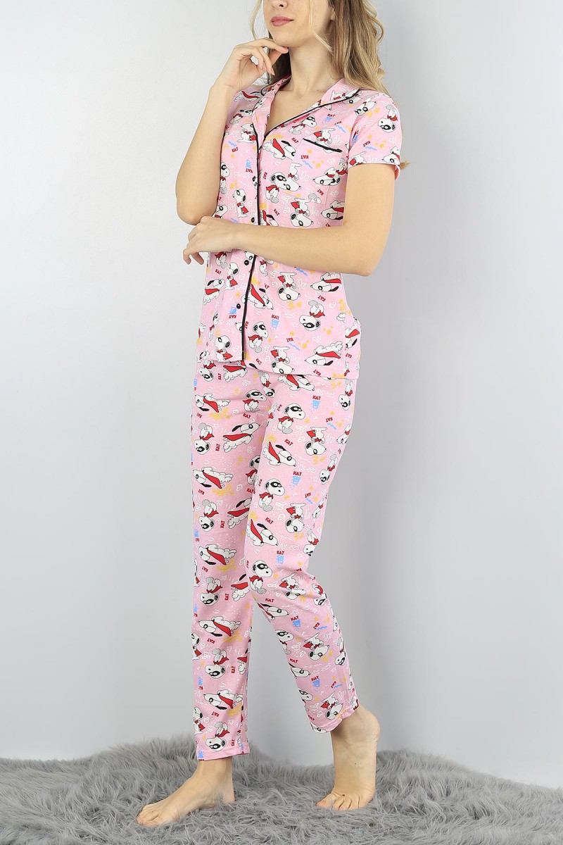 Pembe Düğmeli Bayan  Baskılı Pijama Takımı 54977