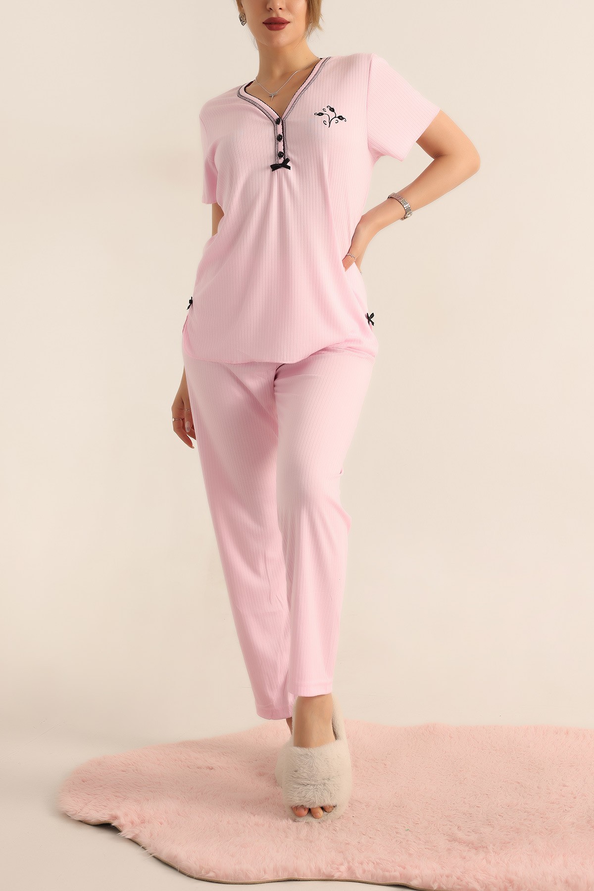 Pembe Düğmeli Bayan Pijama Takımı 181896