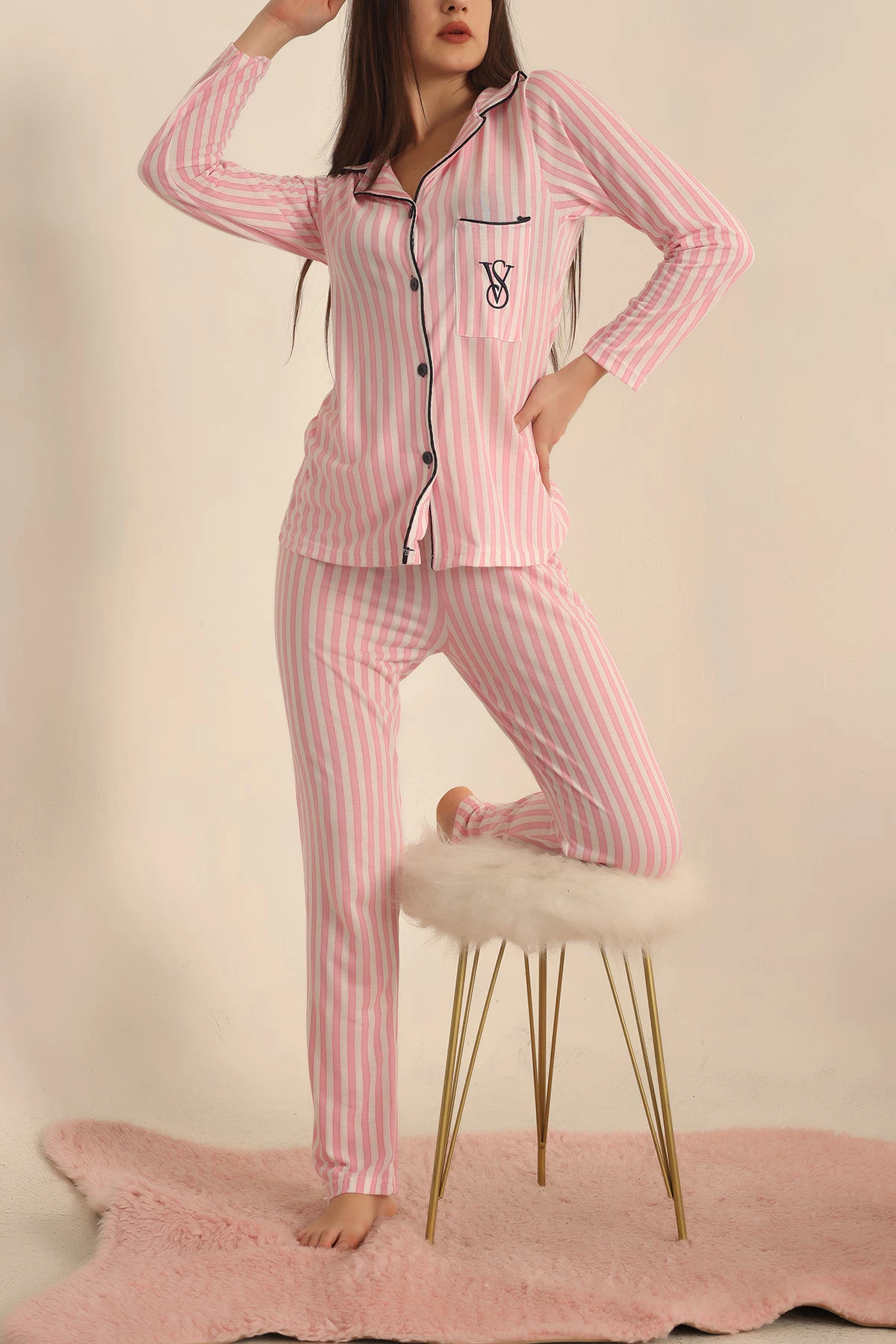 Pembe Düğmeli Bayan Pijama Takımı 230191