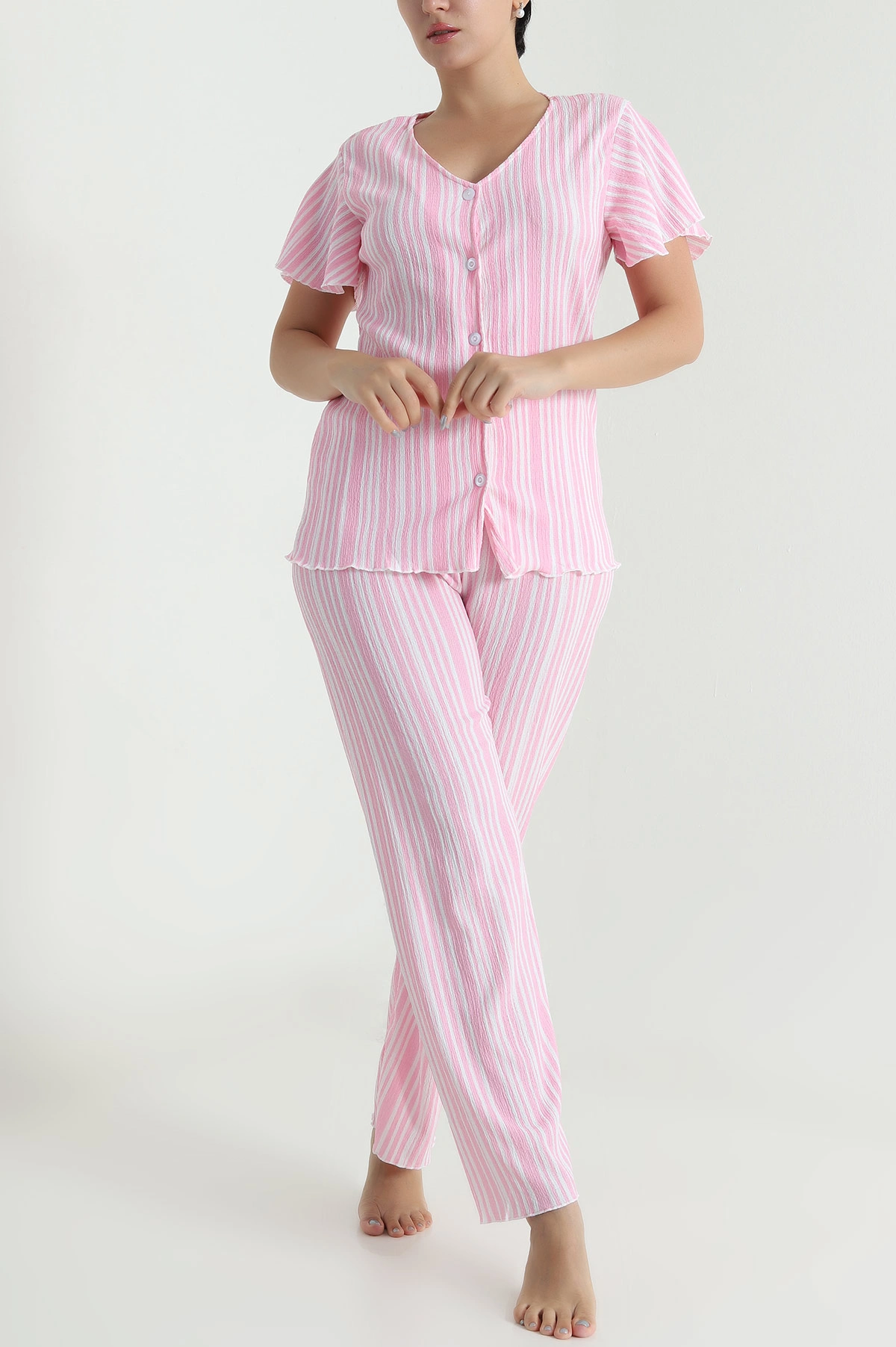 Pembe Düğmeli Bürümcük Kadın Pijama Takımı 479561