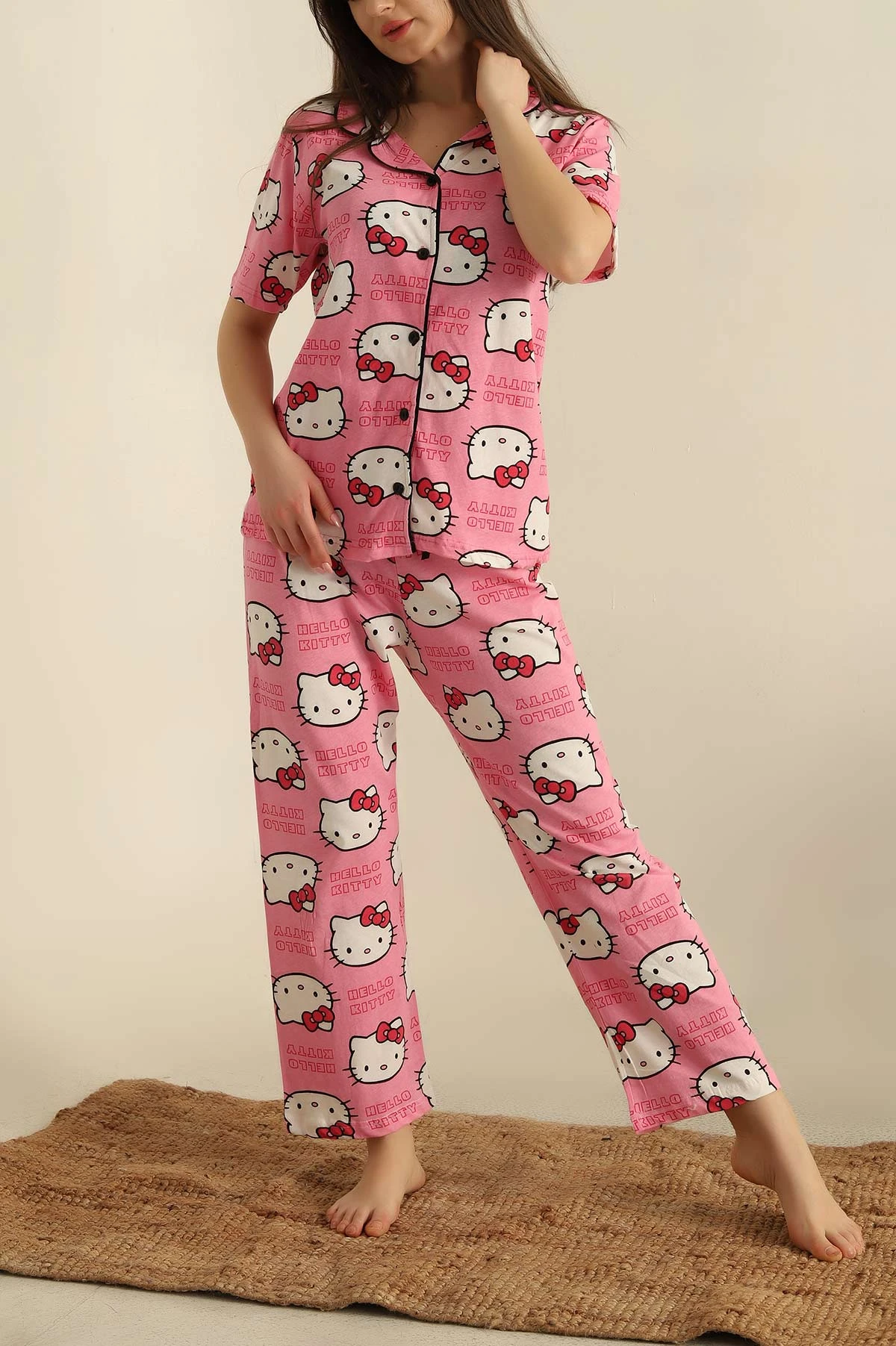 Pembe Düğmeli Desenli Bayan Pijama Takımı 258527