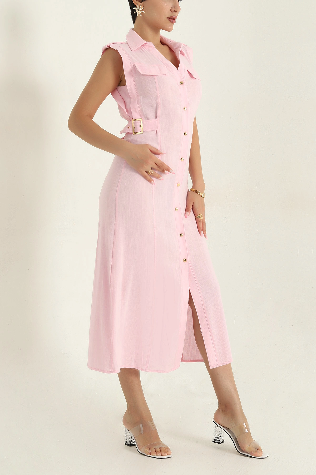 Pembe Düğmeli Kadın Keten Elbise 376349